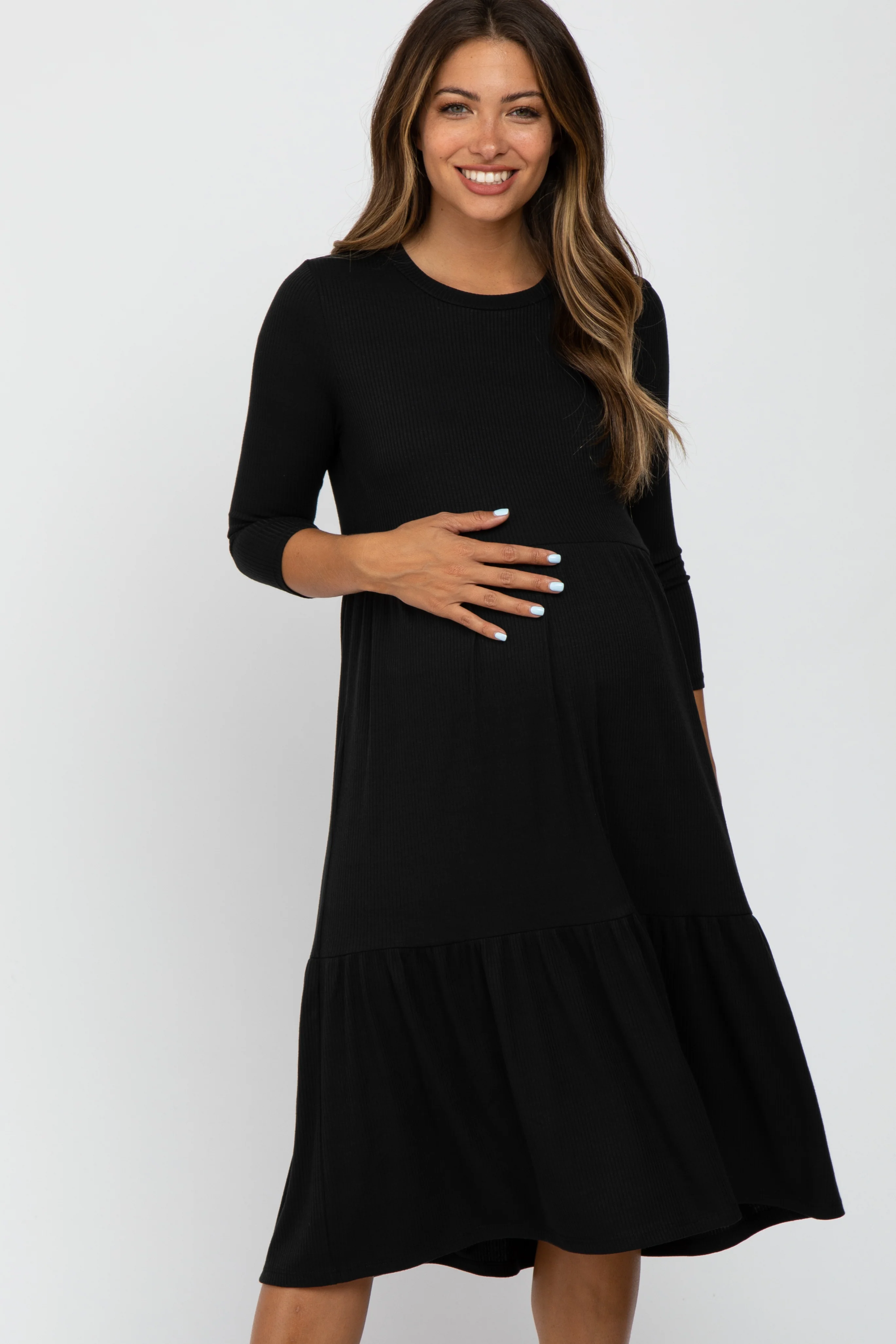 Black Tiered Ribbed 3/4 Sleeve Maternity Midi Dress - Image 4