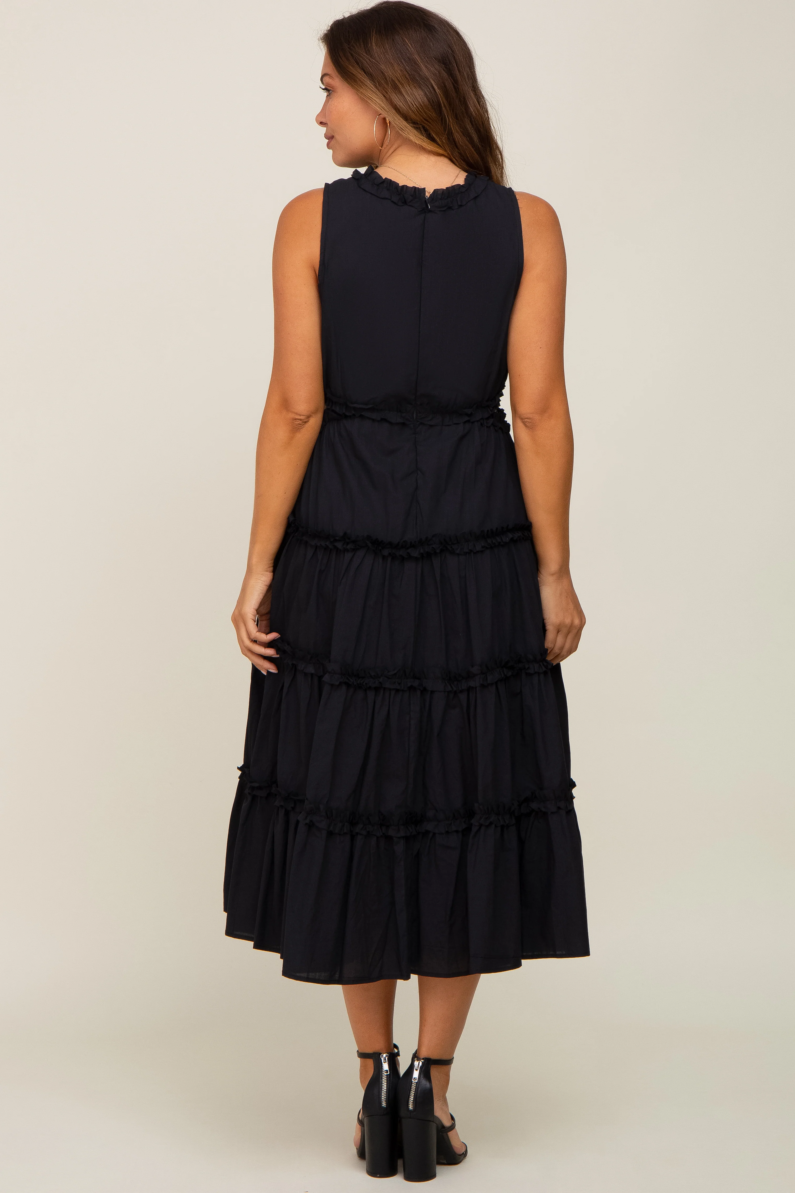 Black Tiered Ruffle Cutout Maternity Midi Dress - Image 3