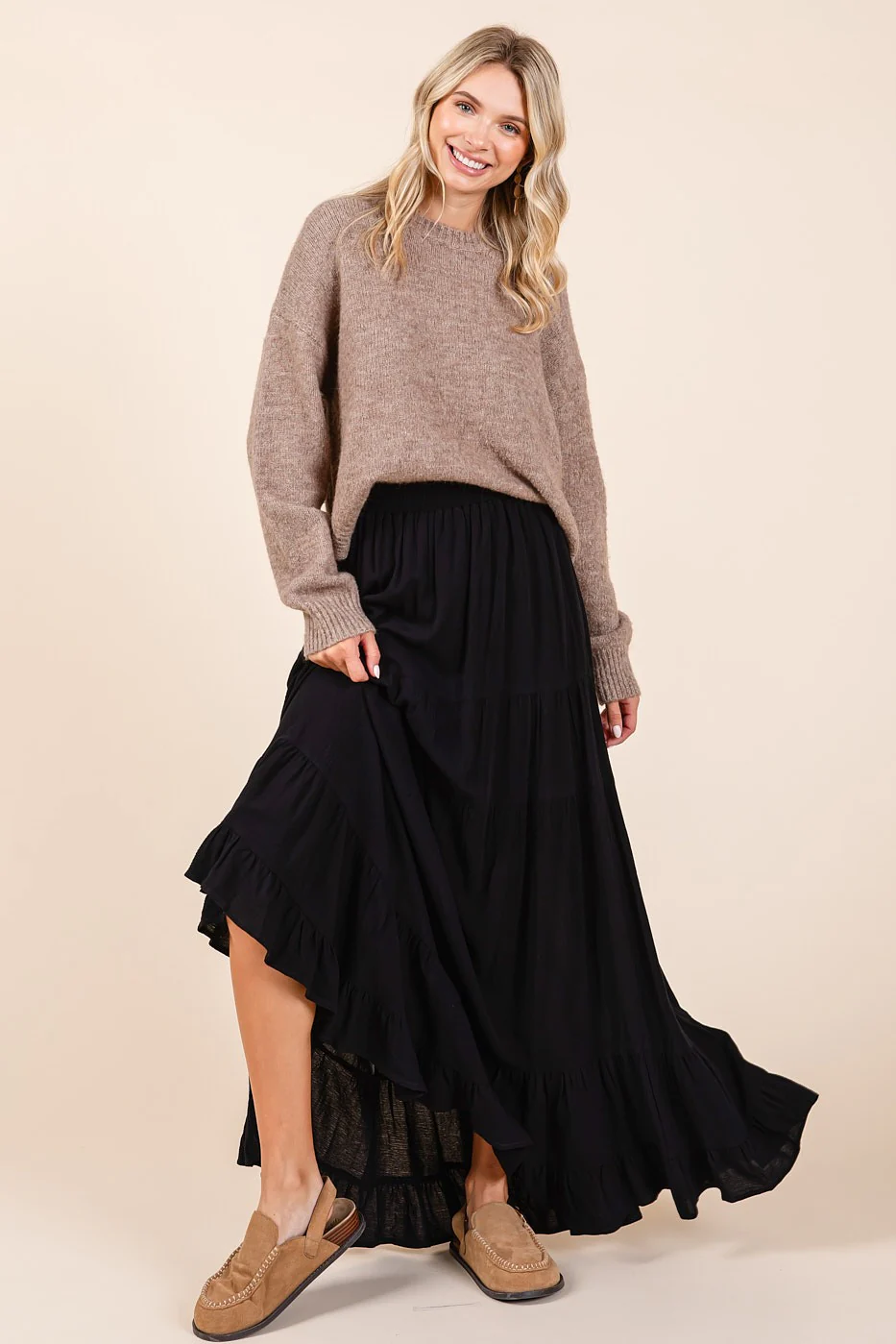 Black Tiered Ruffle Hem Maternity Maxi Skirt - Image 6