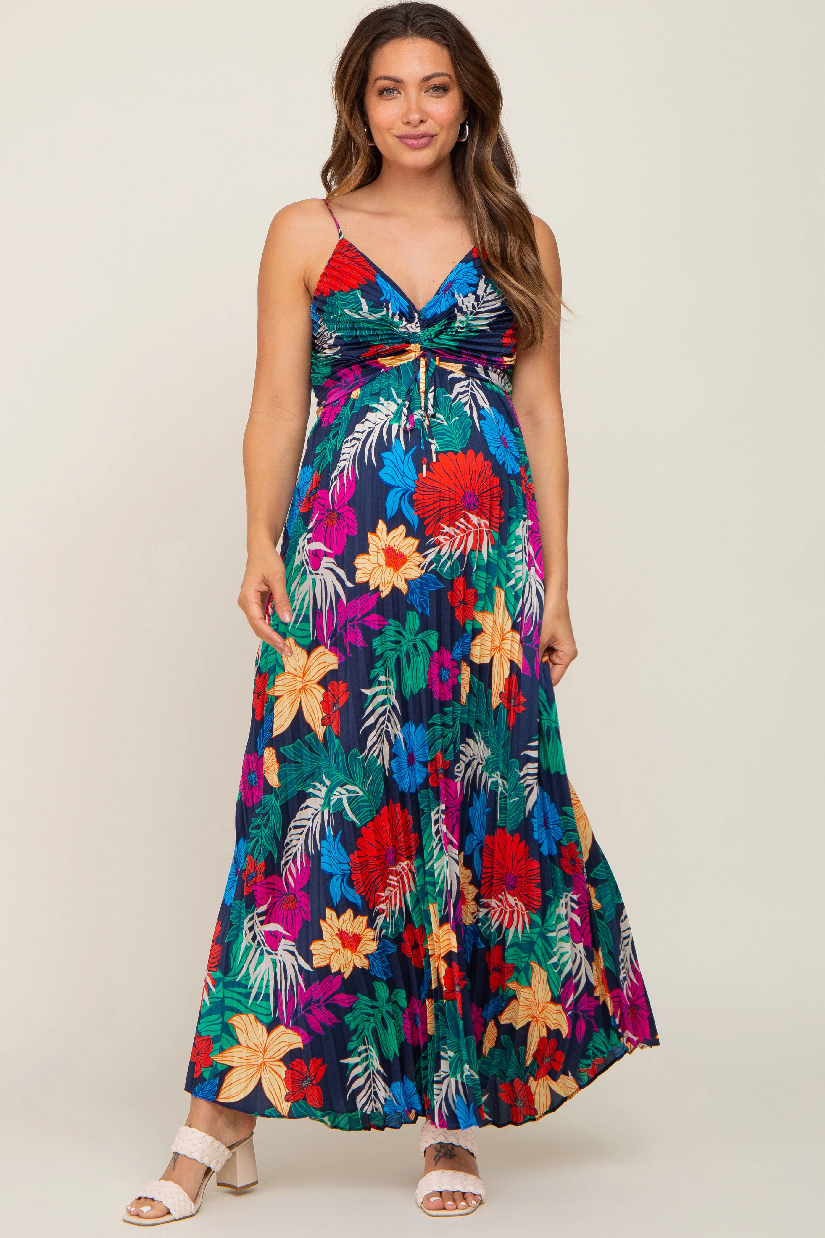Black Tropical Floral Satin Pleated Maternity Maxi Dress - Image 2