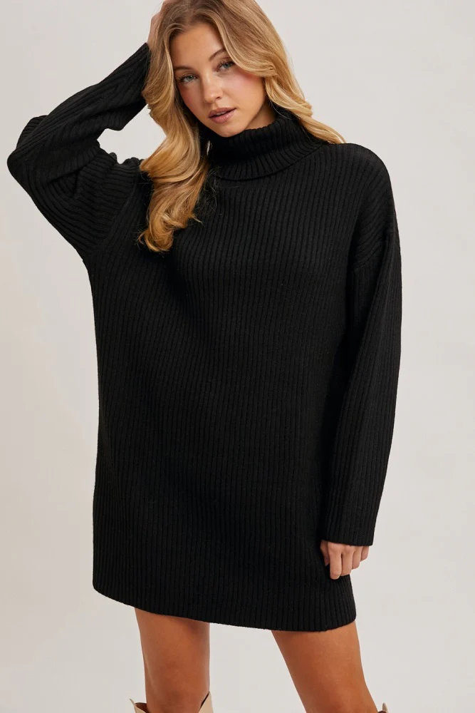 Black Turtleneck Chunky Knit Sweater Dress - Image 3