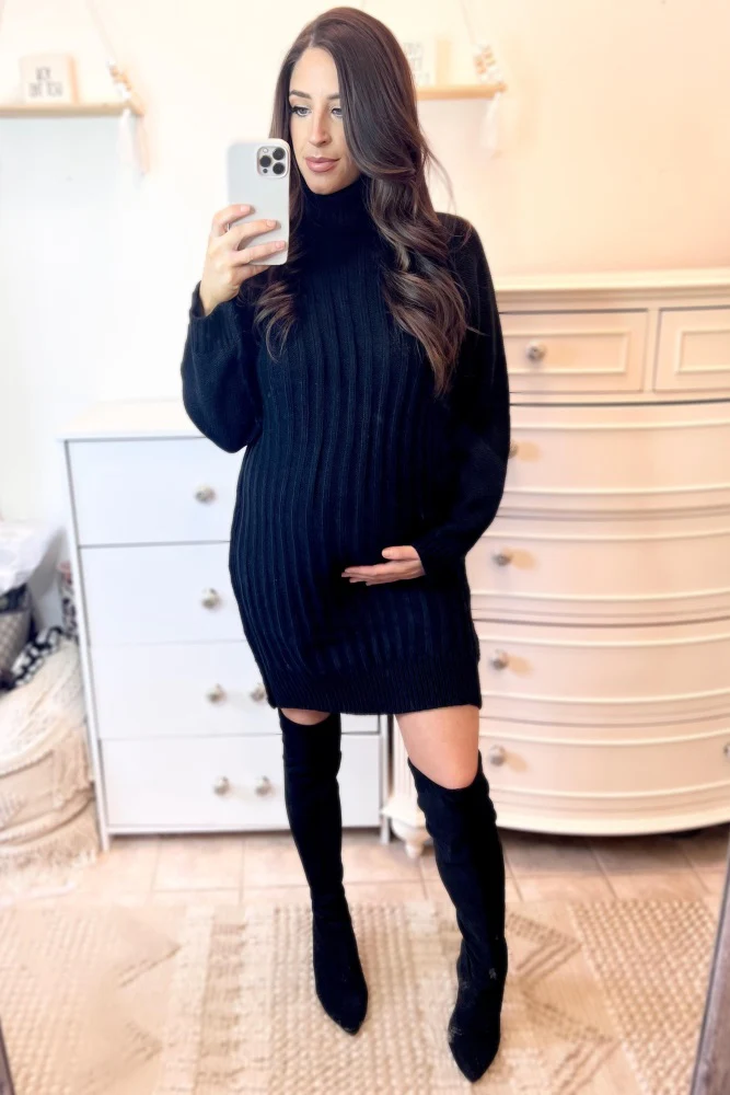 Black Turtleneck Maternity Sweater Dress - Image 8