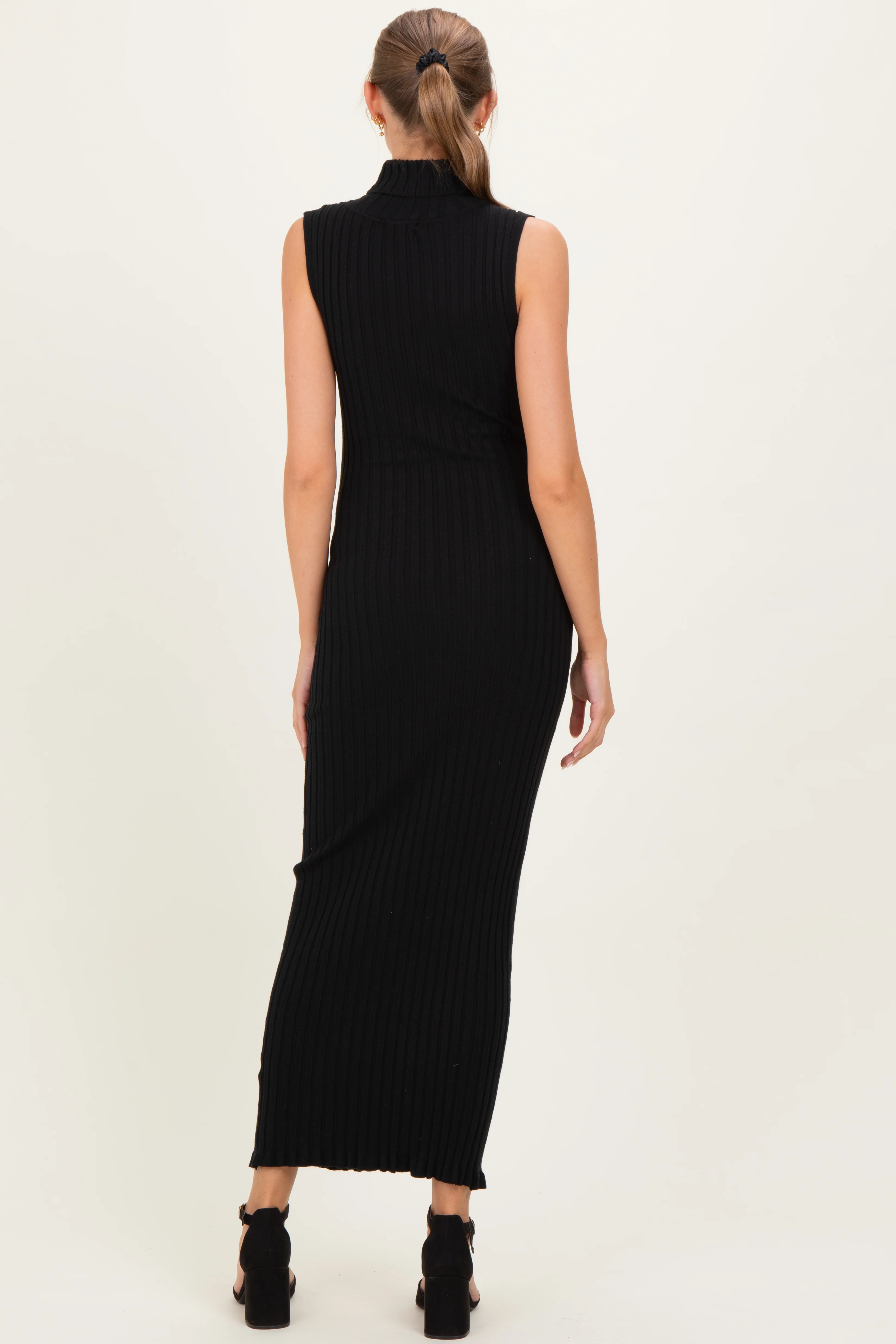 Black Turtleneck Ribbed Knit Sleeveless Maternity Maxi Dress - Image 4