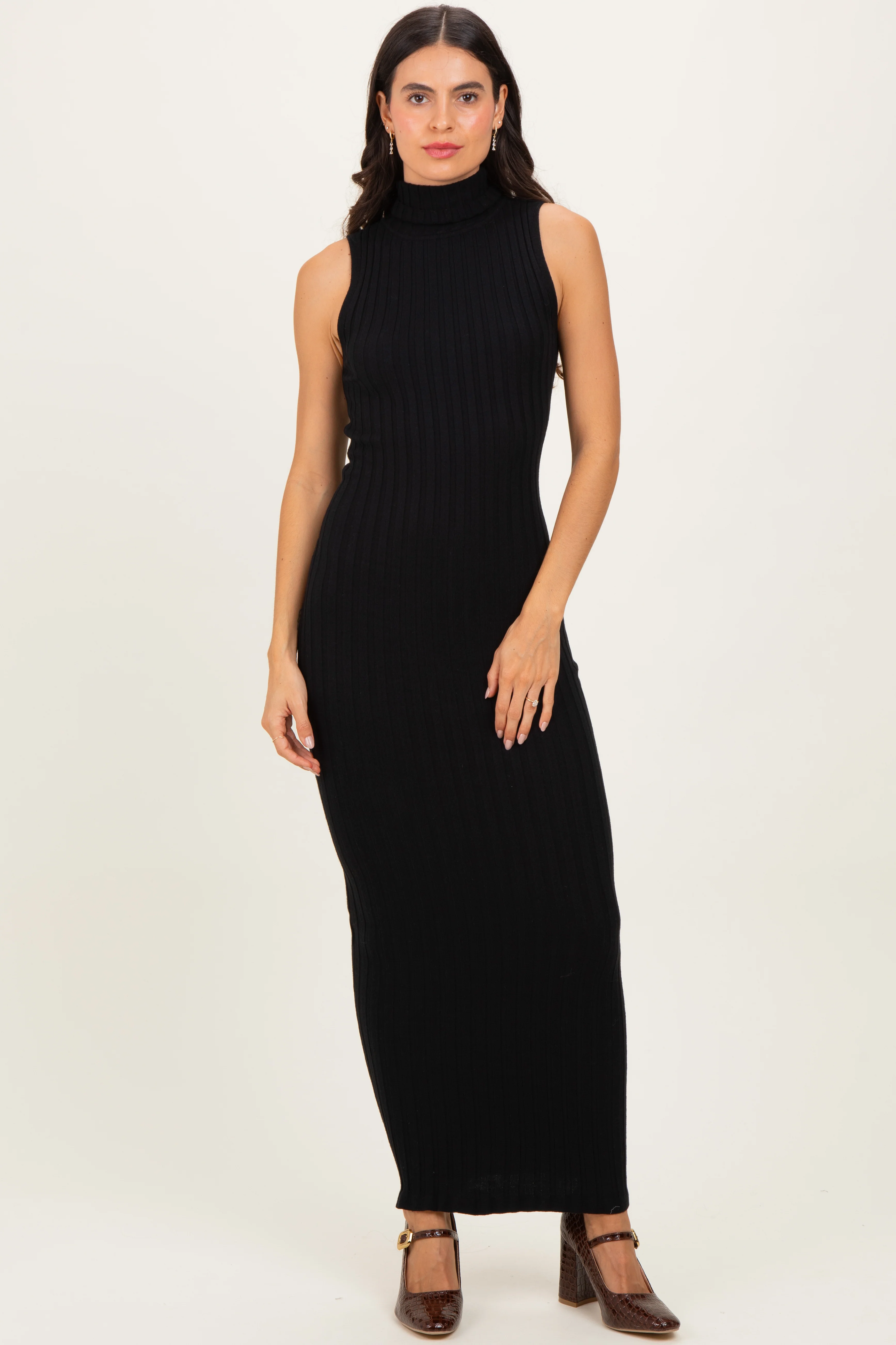 Black Turtleneck Ribbed Knit Sleeveless Maternity Maxi Dress - Image 5