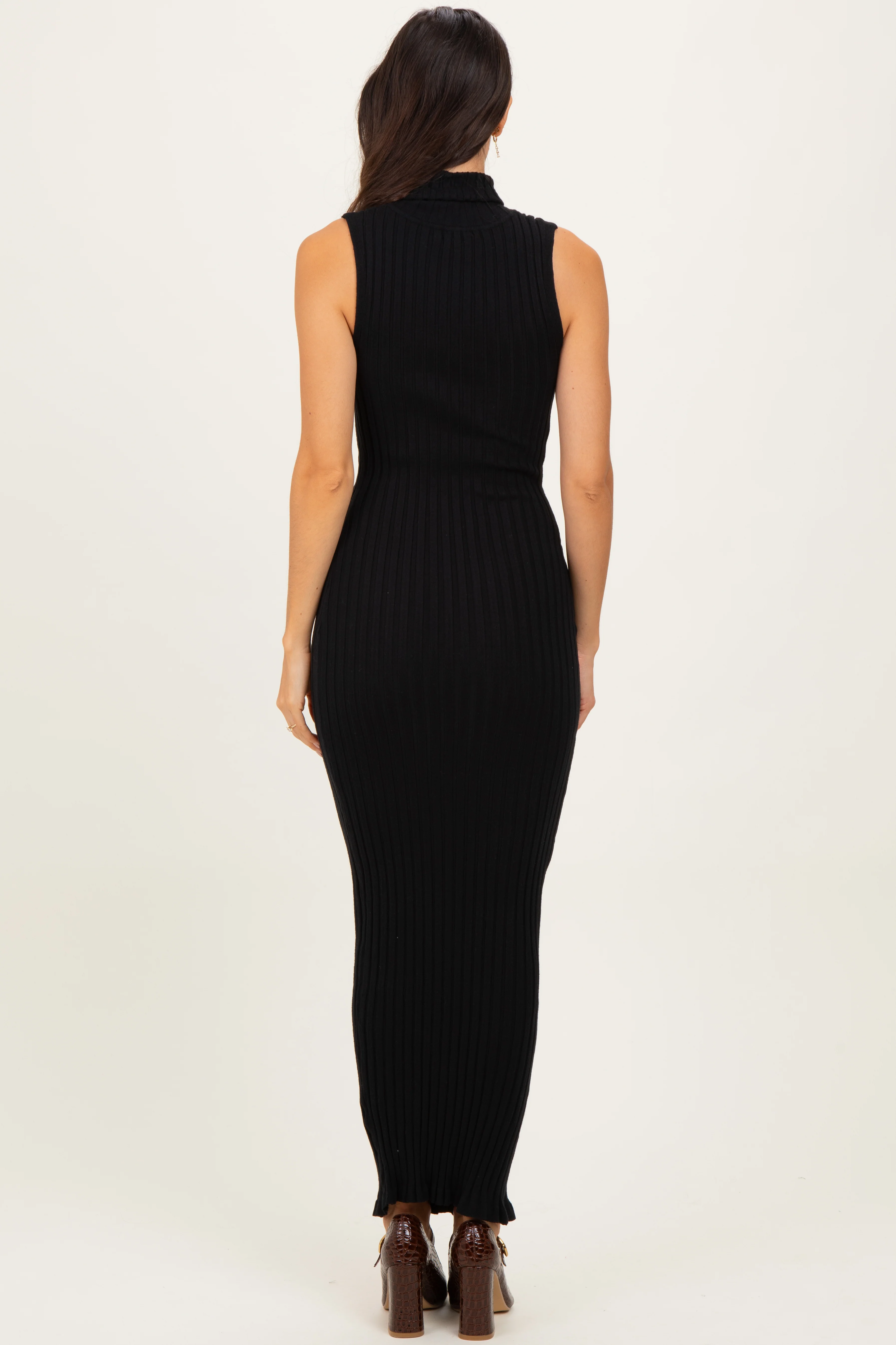 Black Turtleneck Ribbed Knit Sleeveless Maxi Dress - Image 4