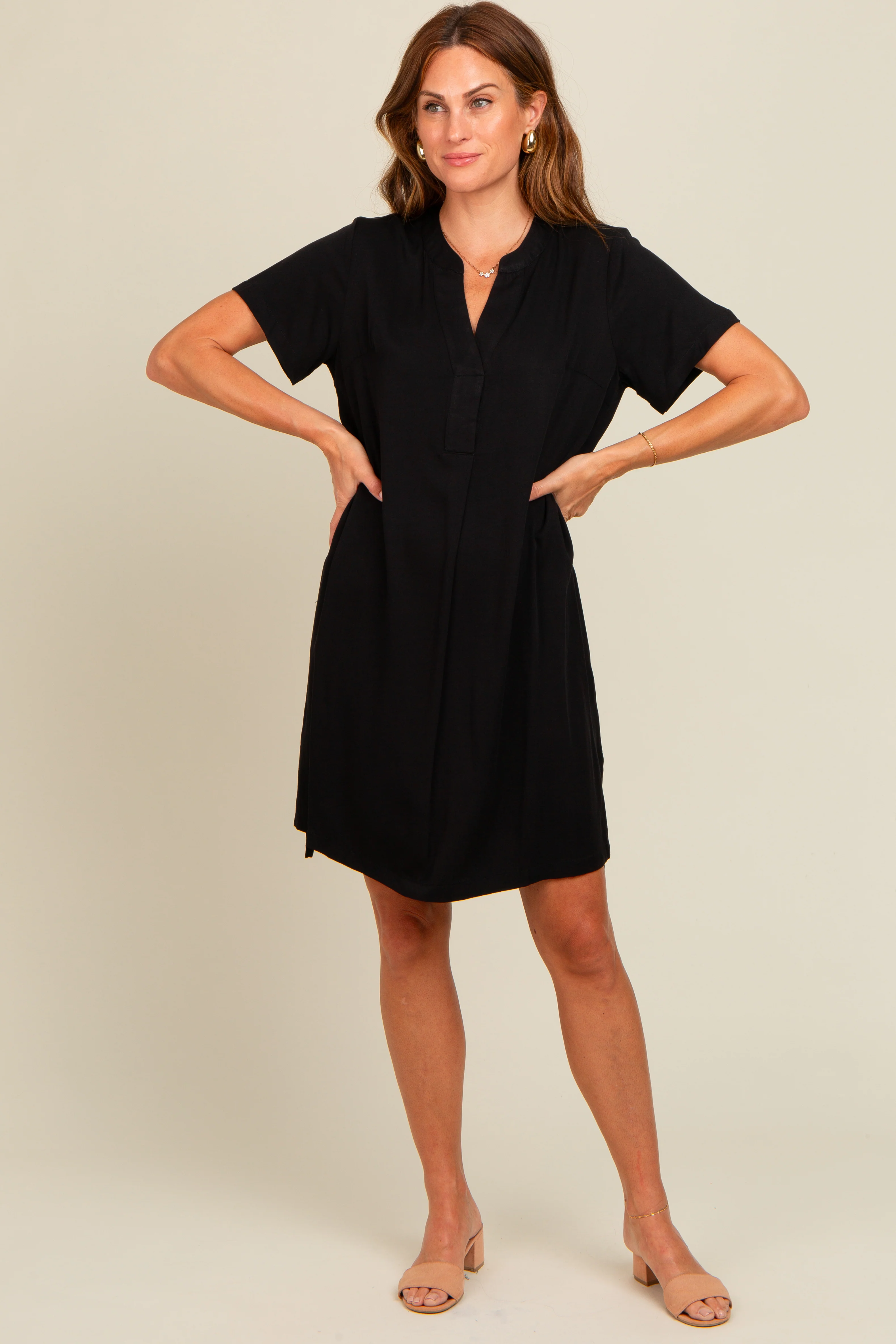 Black V-Neck Basic Maternity Shirt Dress - Image 4