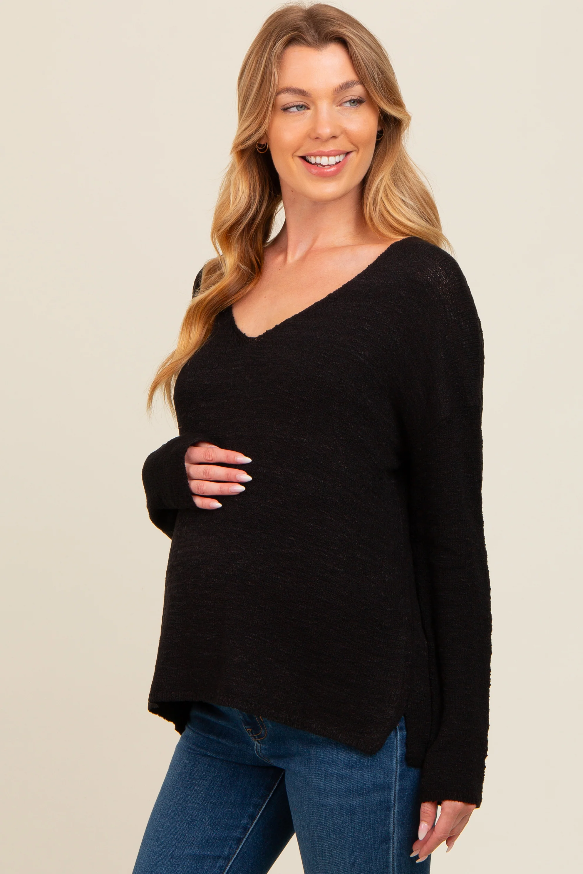 Black V-Neck Basic Maternity Sweater - Image 2