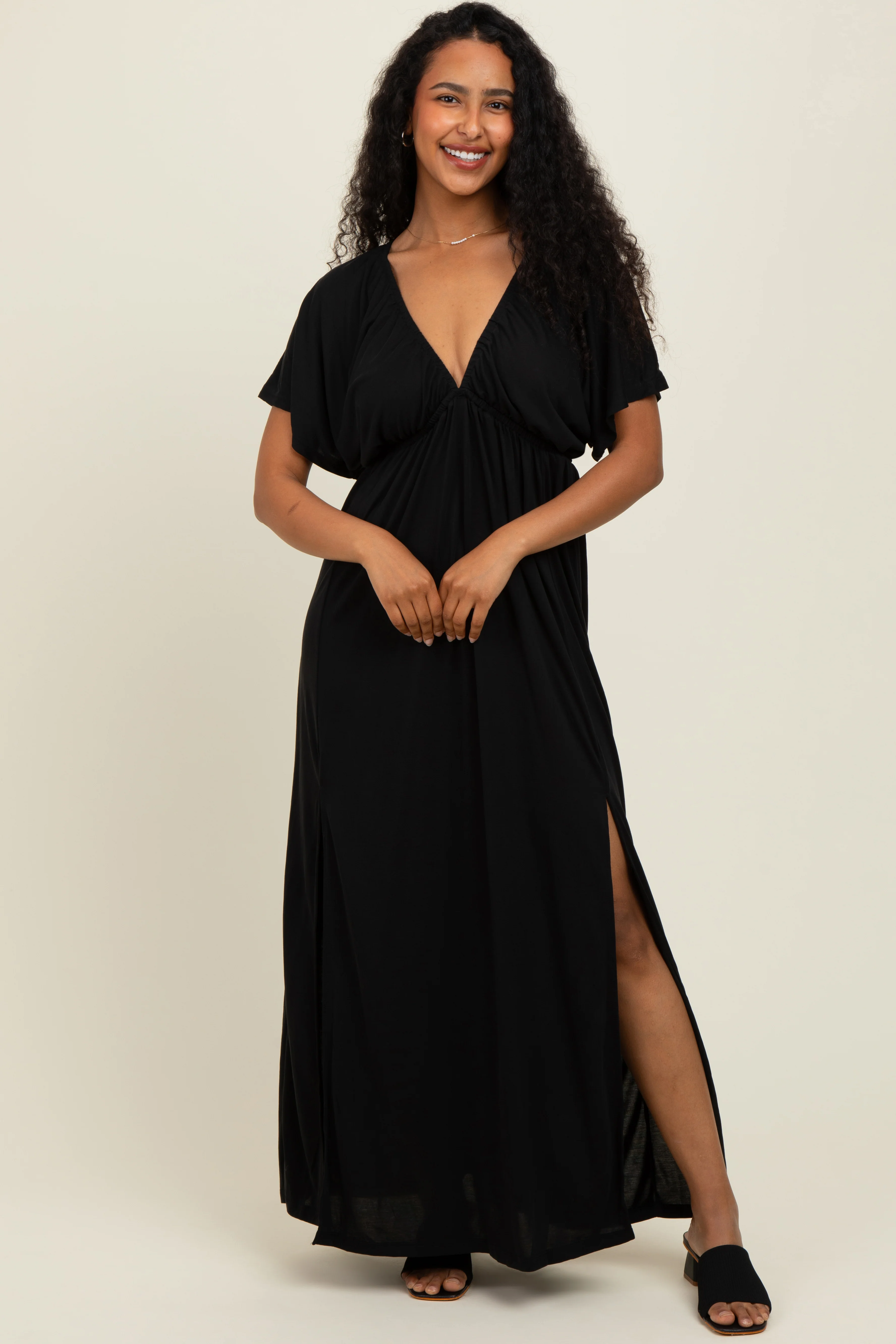 Black V-Neck Flutter Sleeve Side Slit Maternity Maxi Dress - Image 3