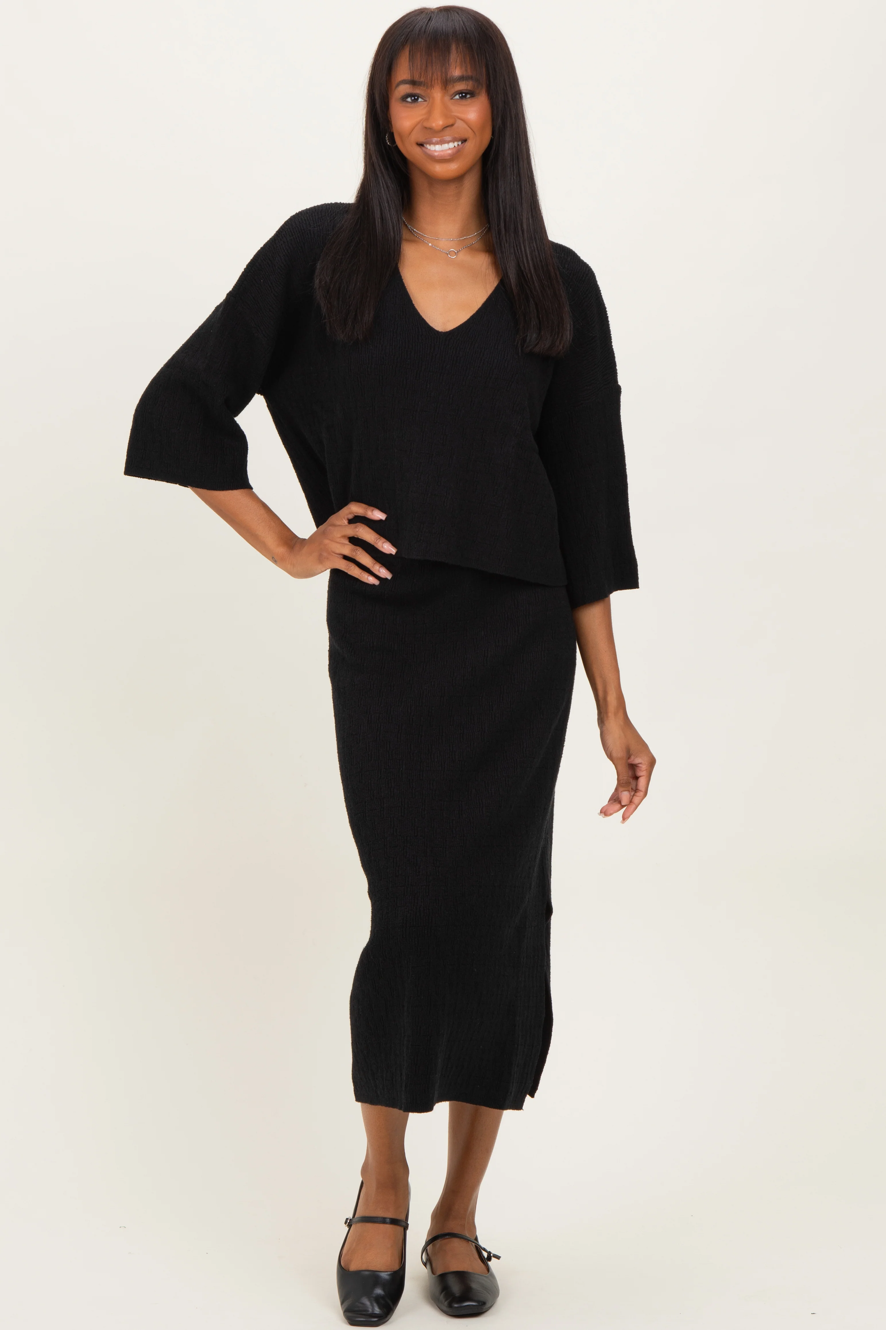 Black V-Neck Knit Skirt Set - Image 2