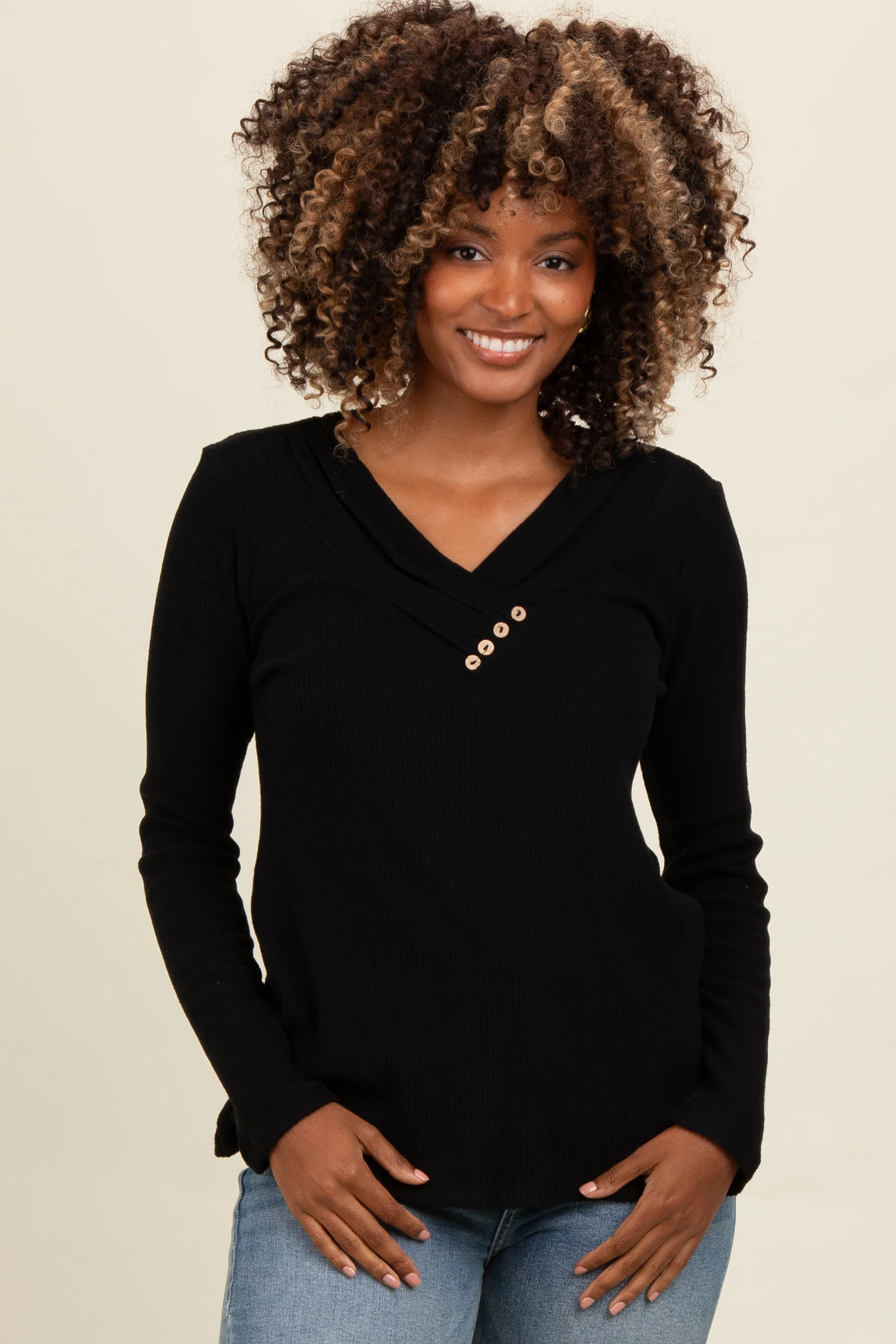 Black V-Neck Long Sleeve Maternity Top - Image 4