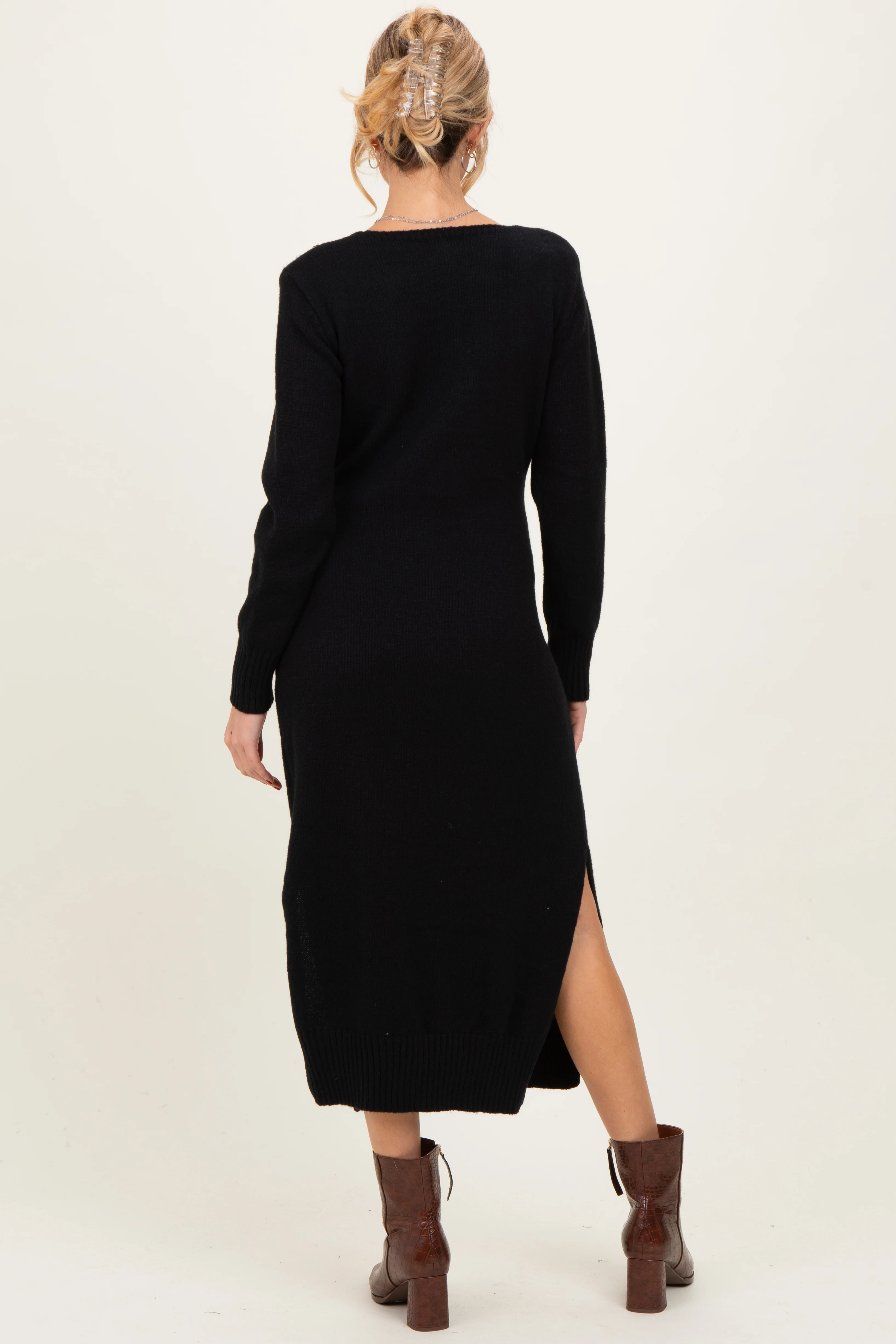 Black V-Neck Relaxed Fit Maternity Sweater Dress - Image 3