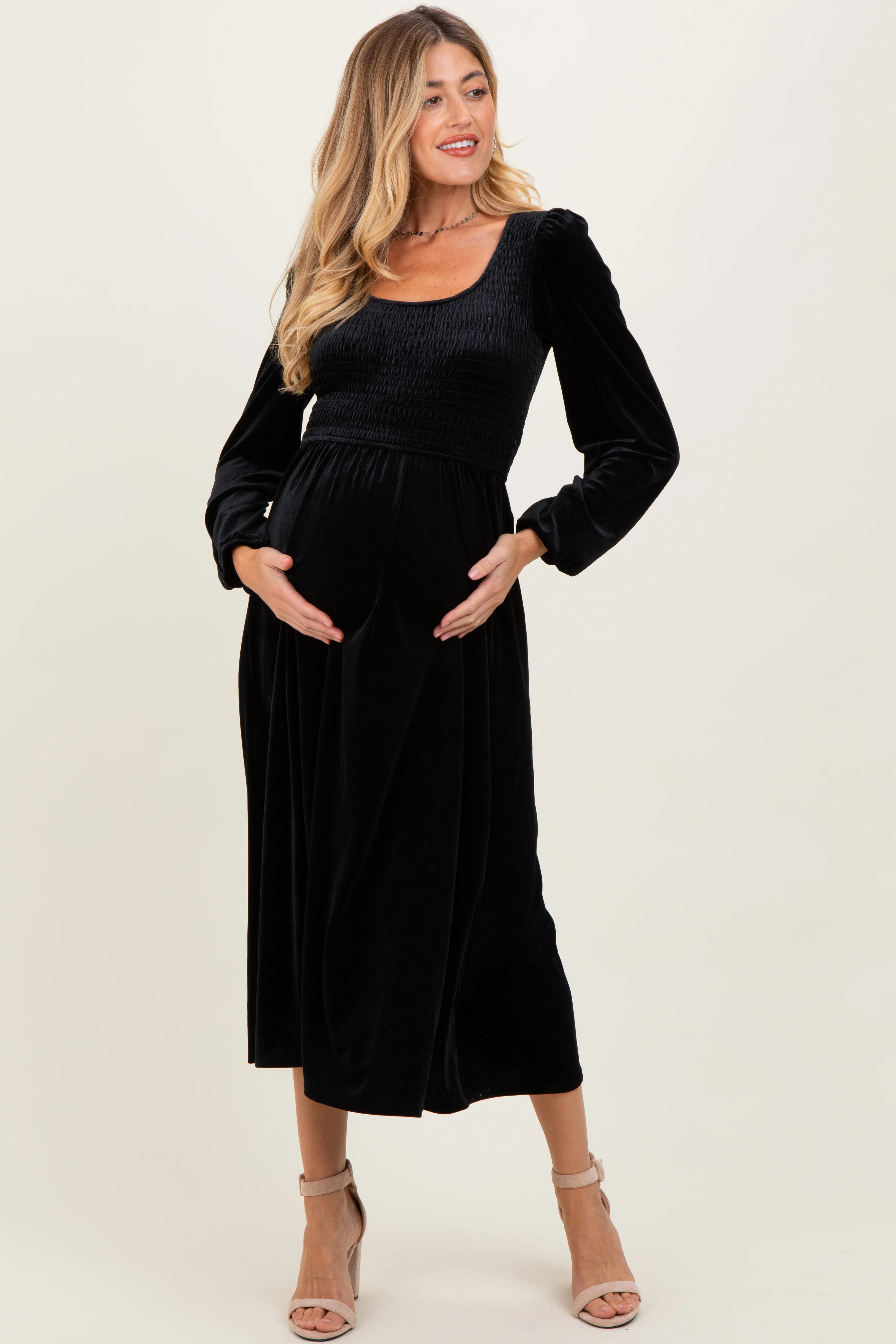 Black Velvet Smocked Long Sleeve Maternity Midi Dress - Image 3