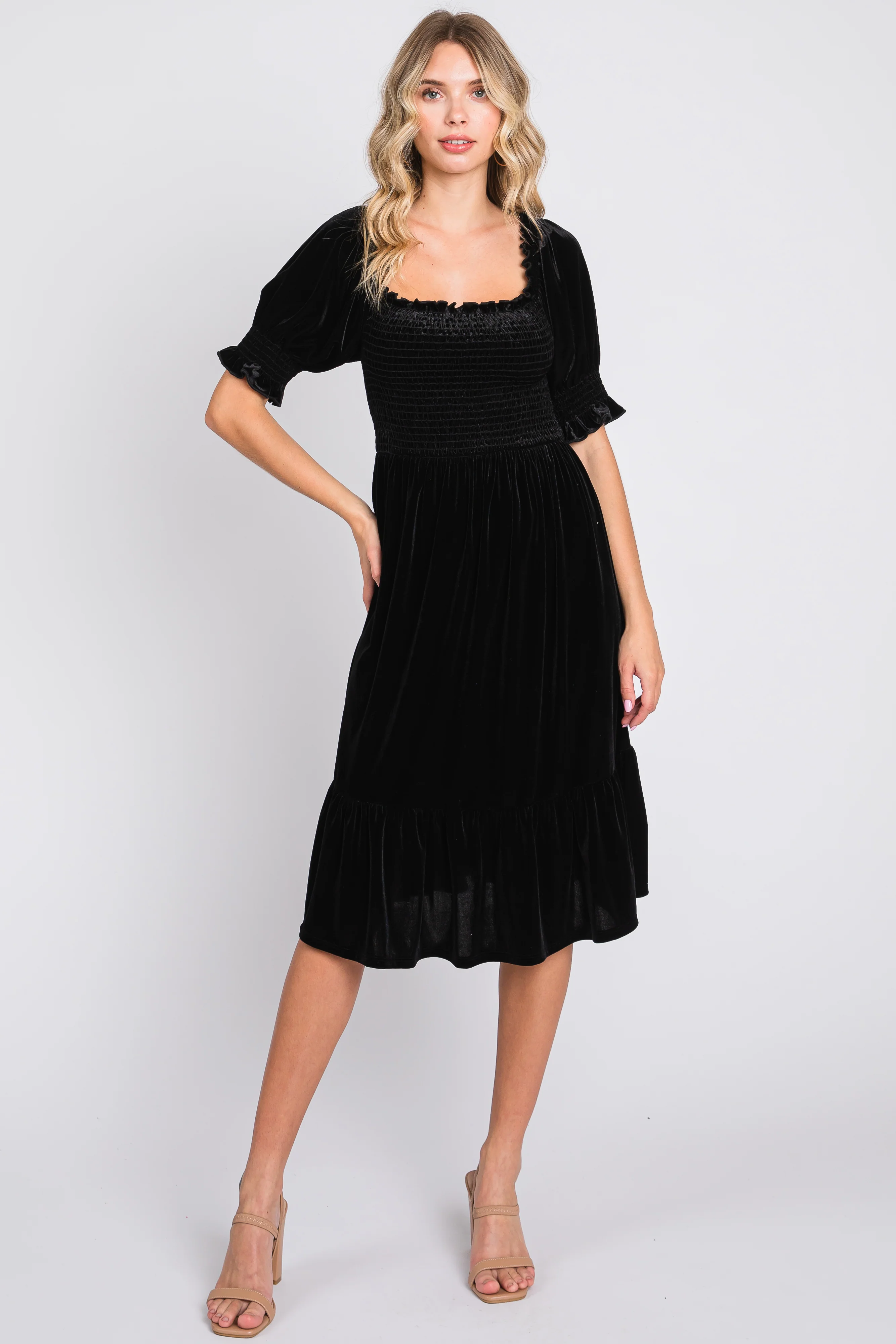 Black Velvet Smocked Puff Sleeve Maternity Dress - Image 6