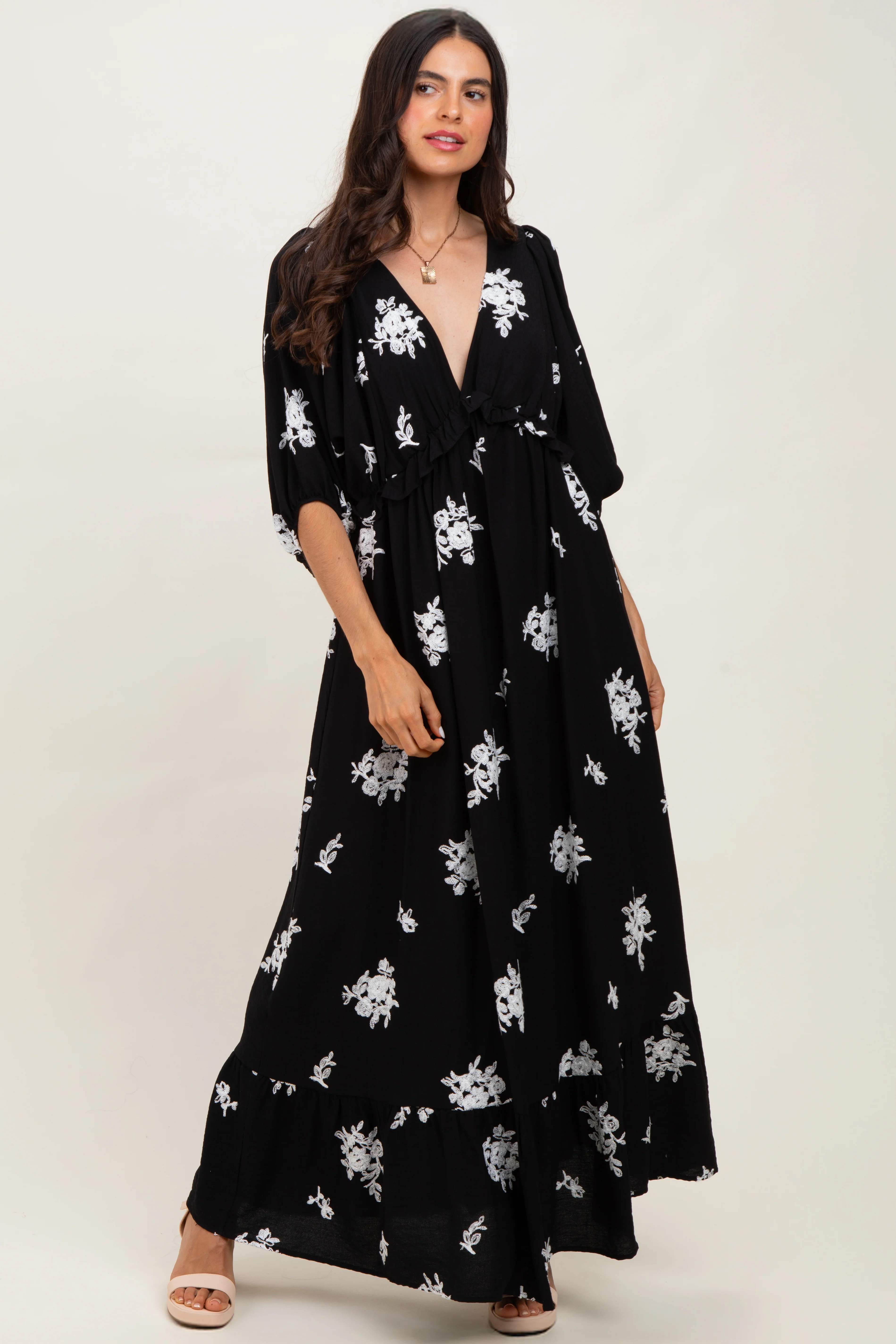 Black Vintage Floral Embroidered V-Neck 3/4 Sleeve Maxi Dress - Image 2