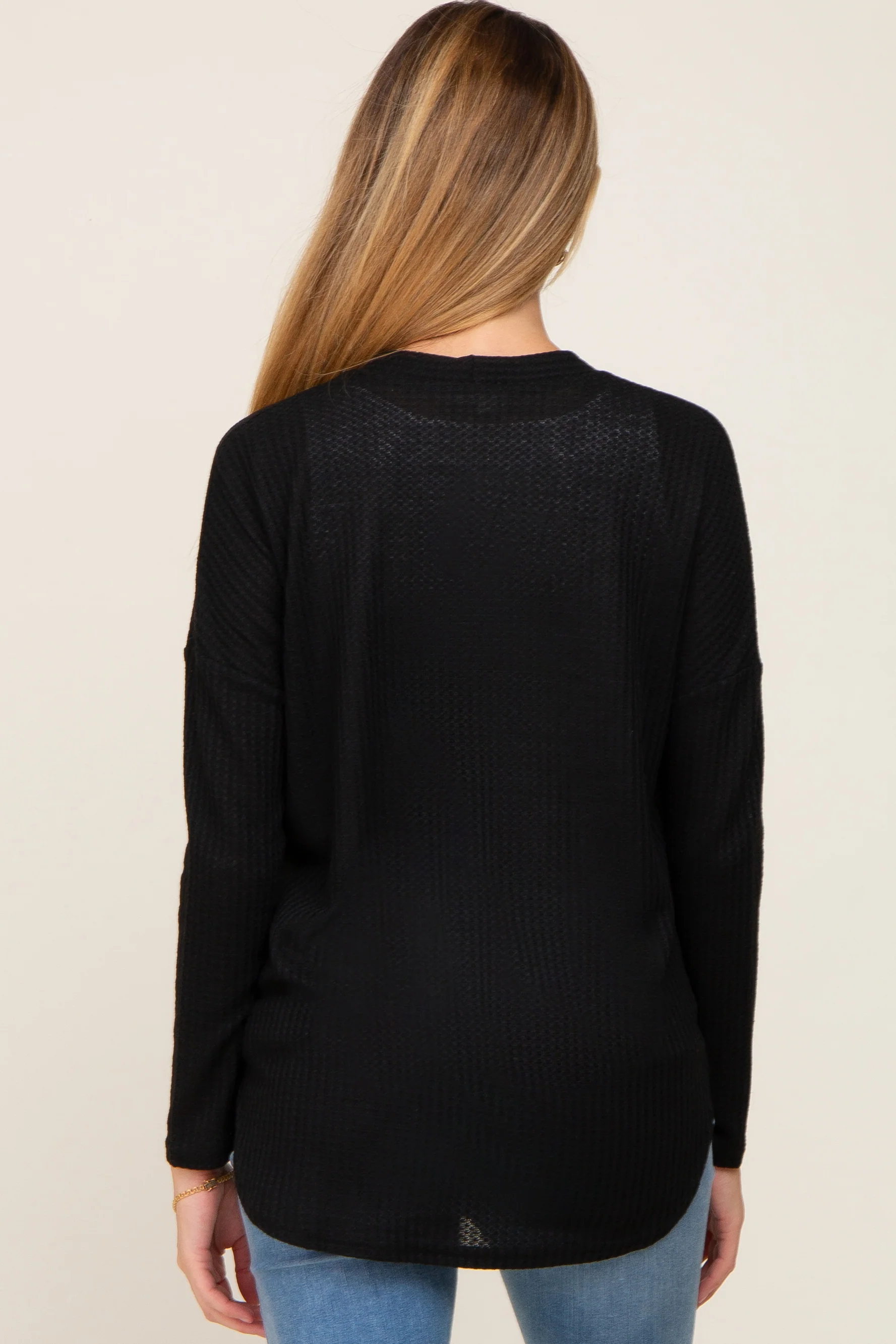 Black Waffle Knit Button Down Maternity Top - Image 3
