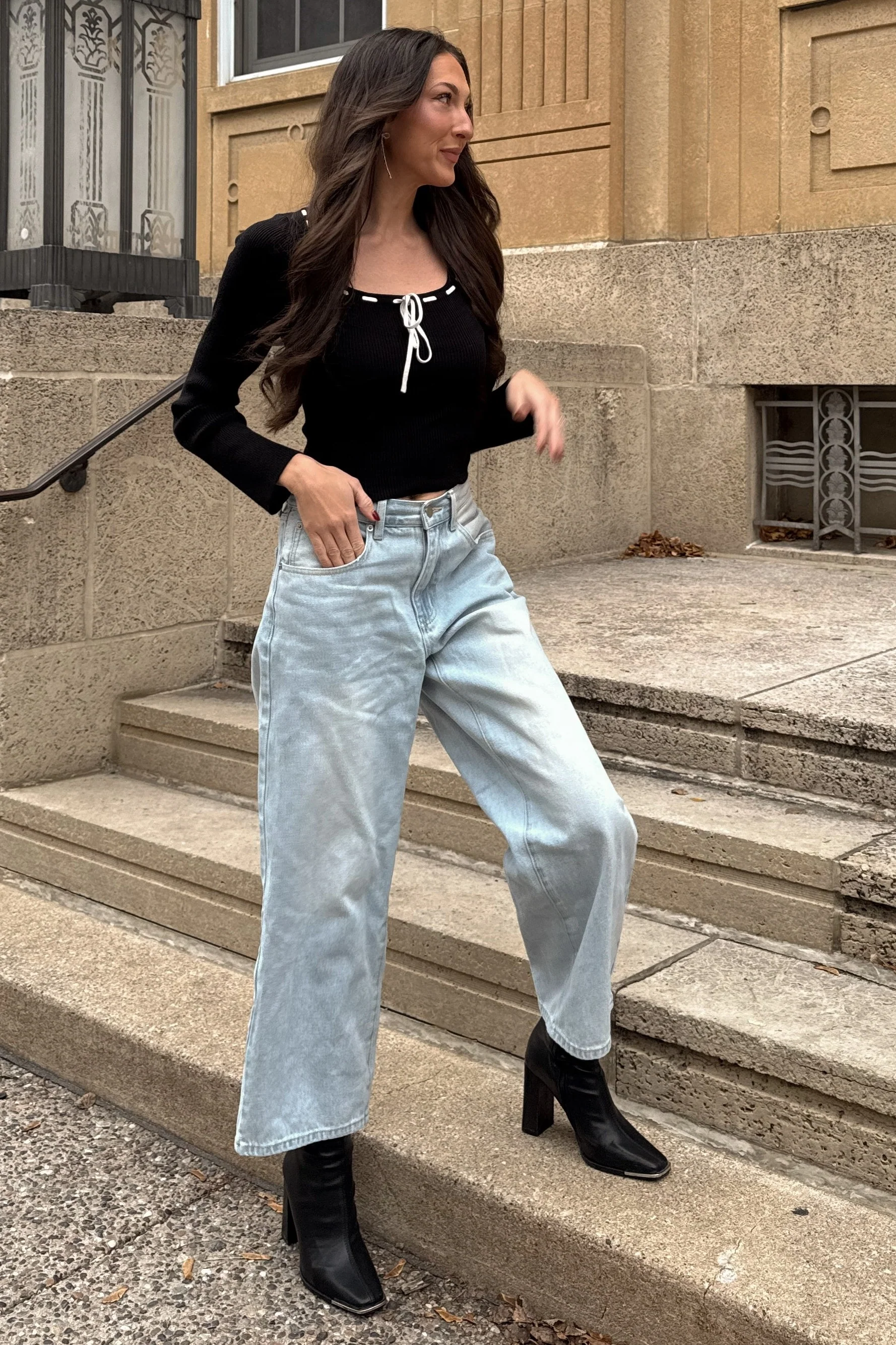 Black White Super Soft Contrast Stitch Square Neck Rib Sweater - Image 4