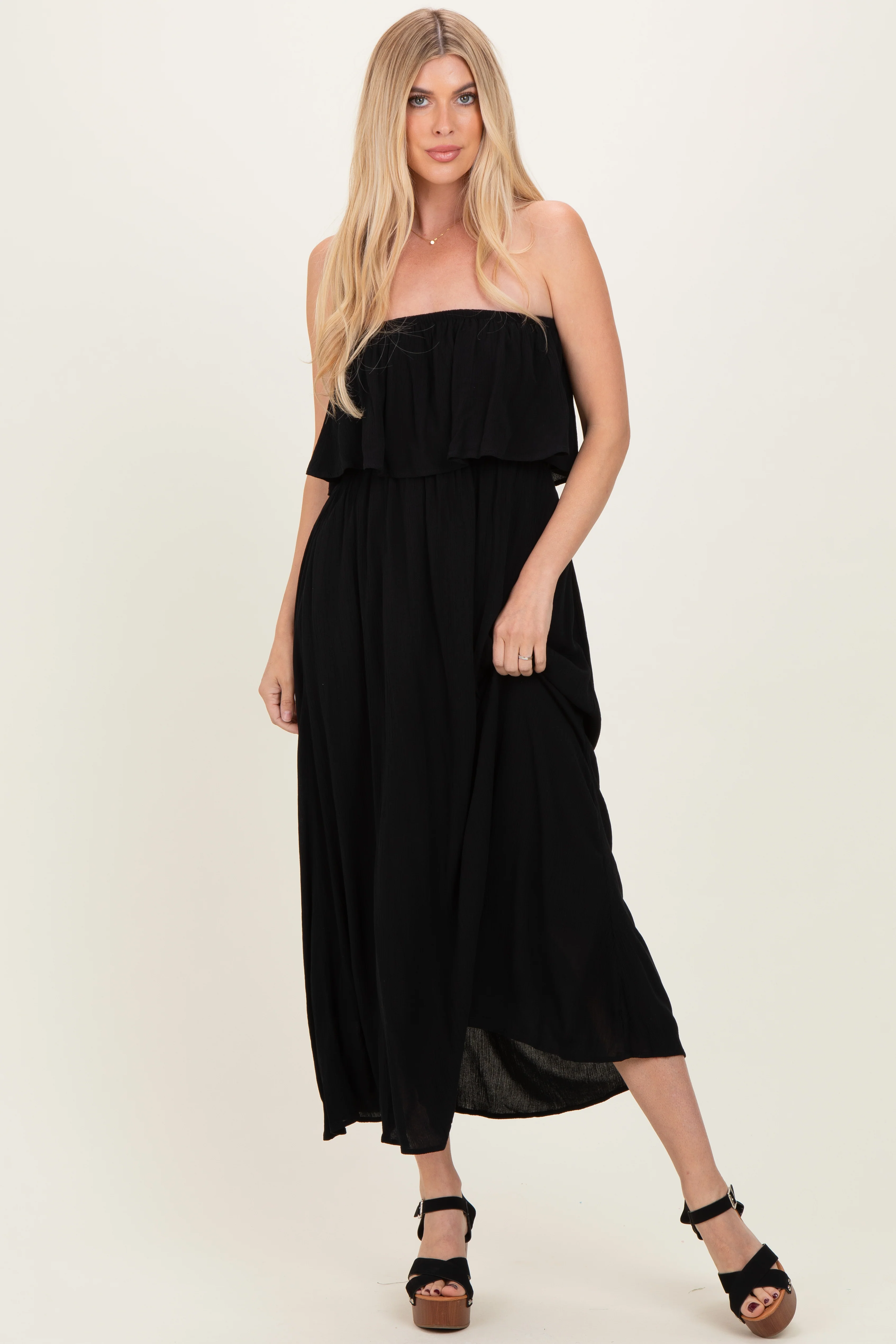 Black Woven Crinkle Flounce Strapless Maternity Maxi Dress - Image 4