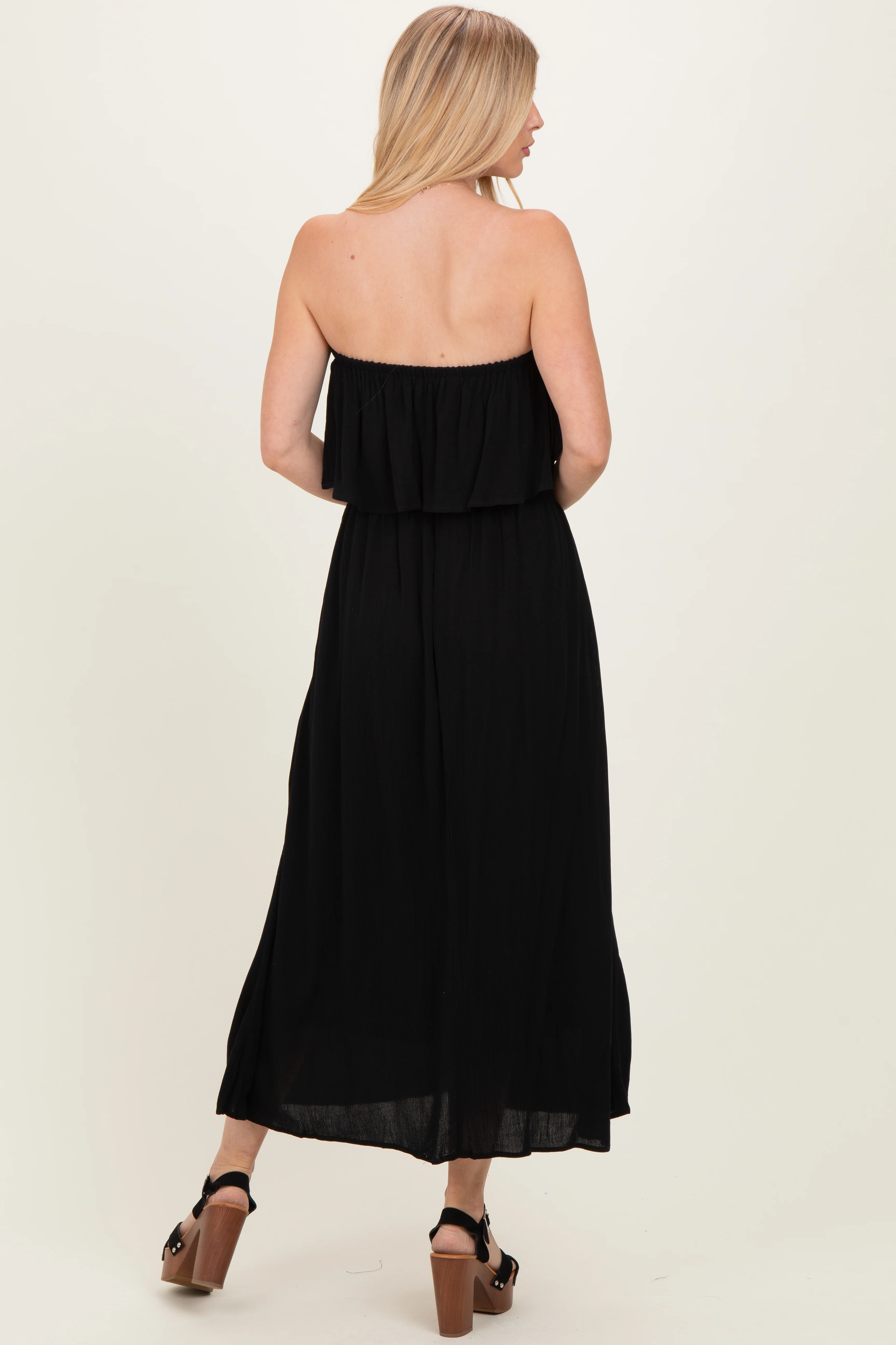 Black Woven Crinkle Flounce Strapless Maxi Dress - Image 4