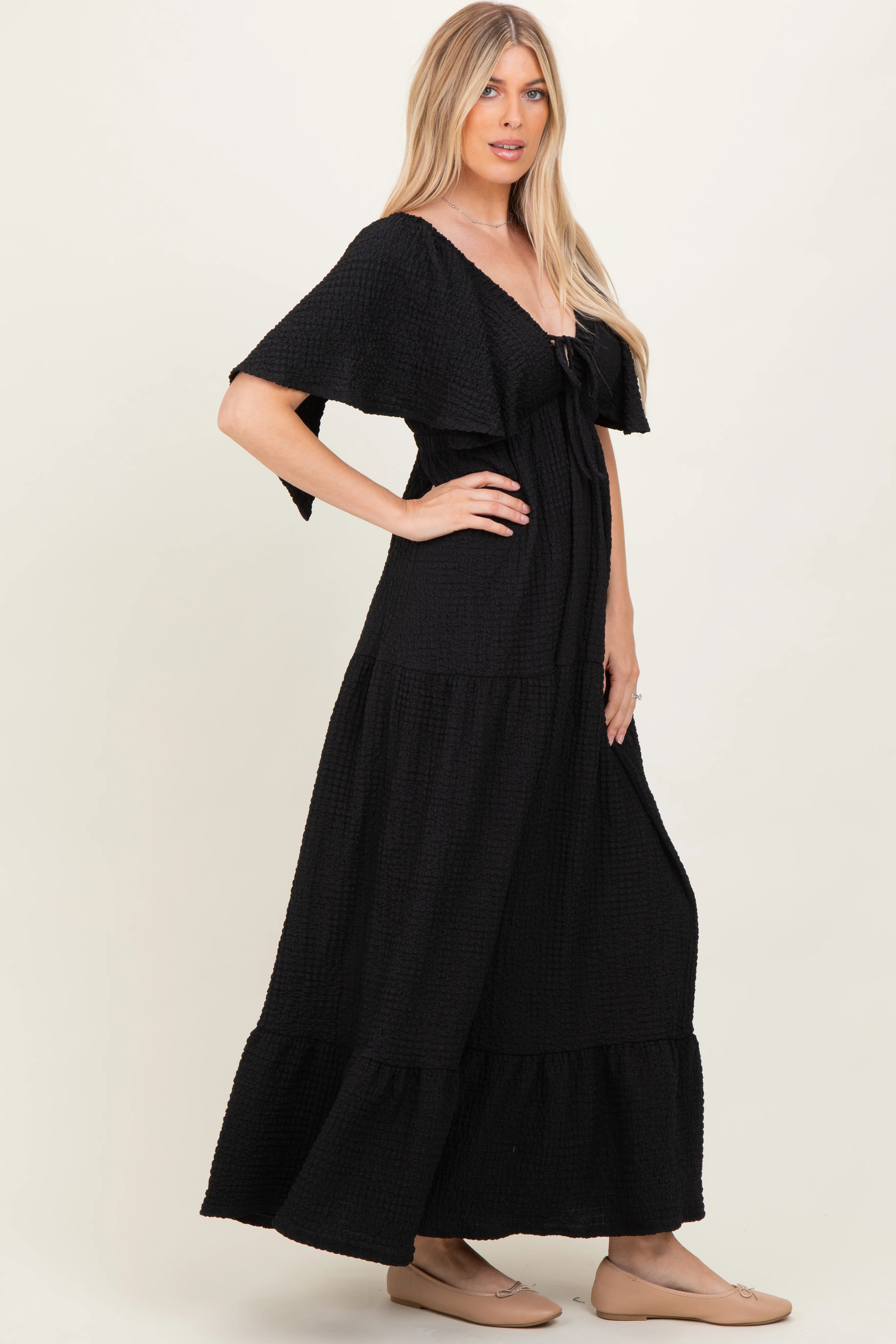 Black Woven Textured Flutter Sleeve V-Neck Tiered Maxi Dress - Image 3