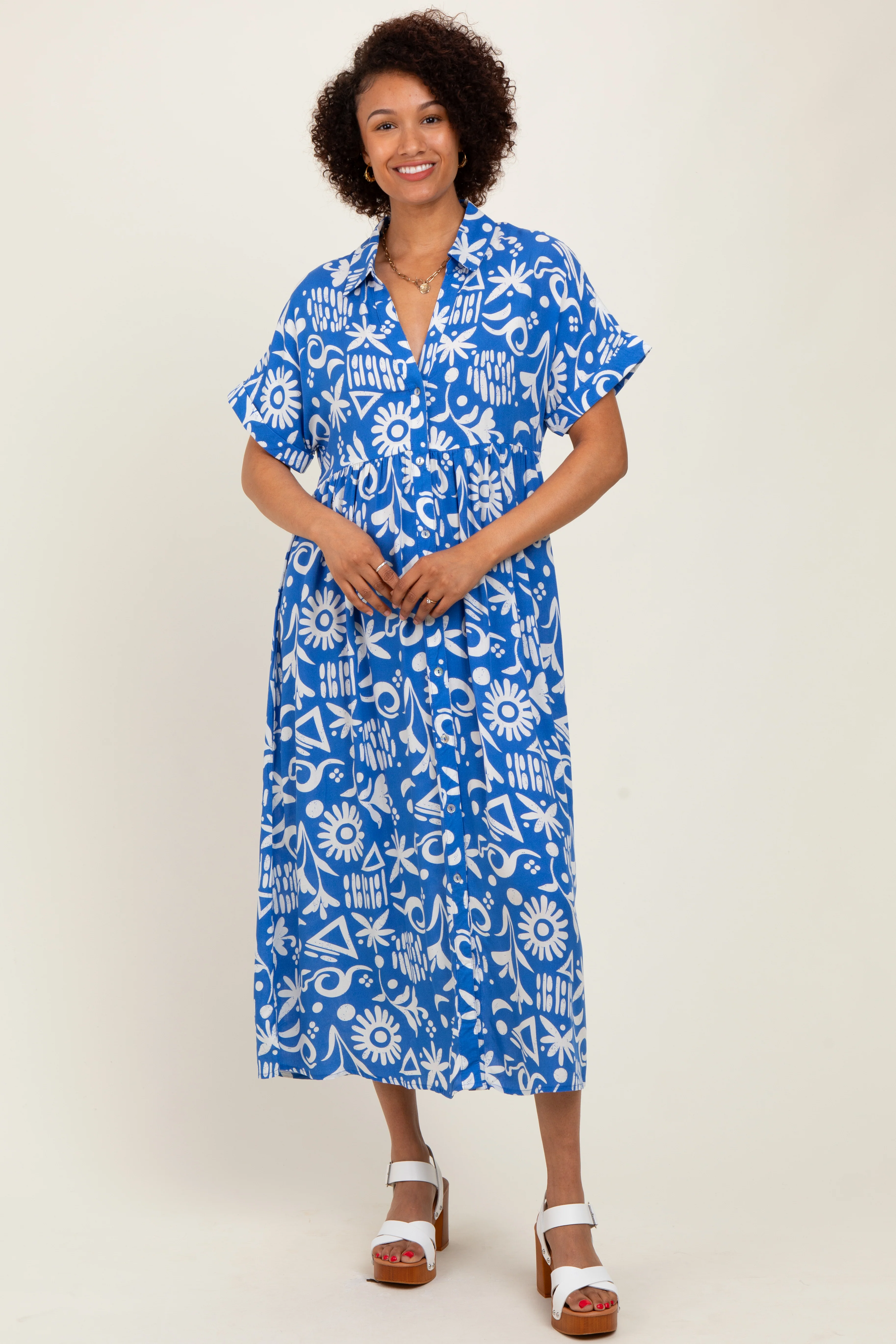 Blue Abstract Floral Shirt Maternity Midi Dress - Image 4