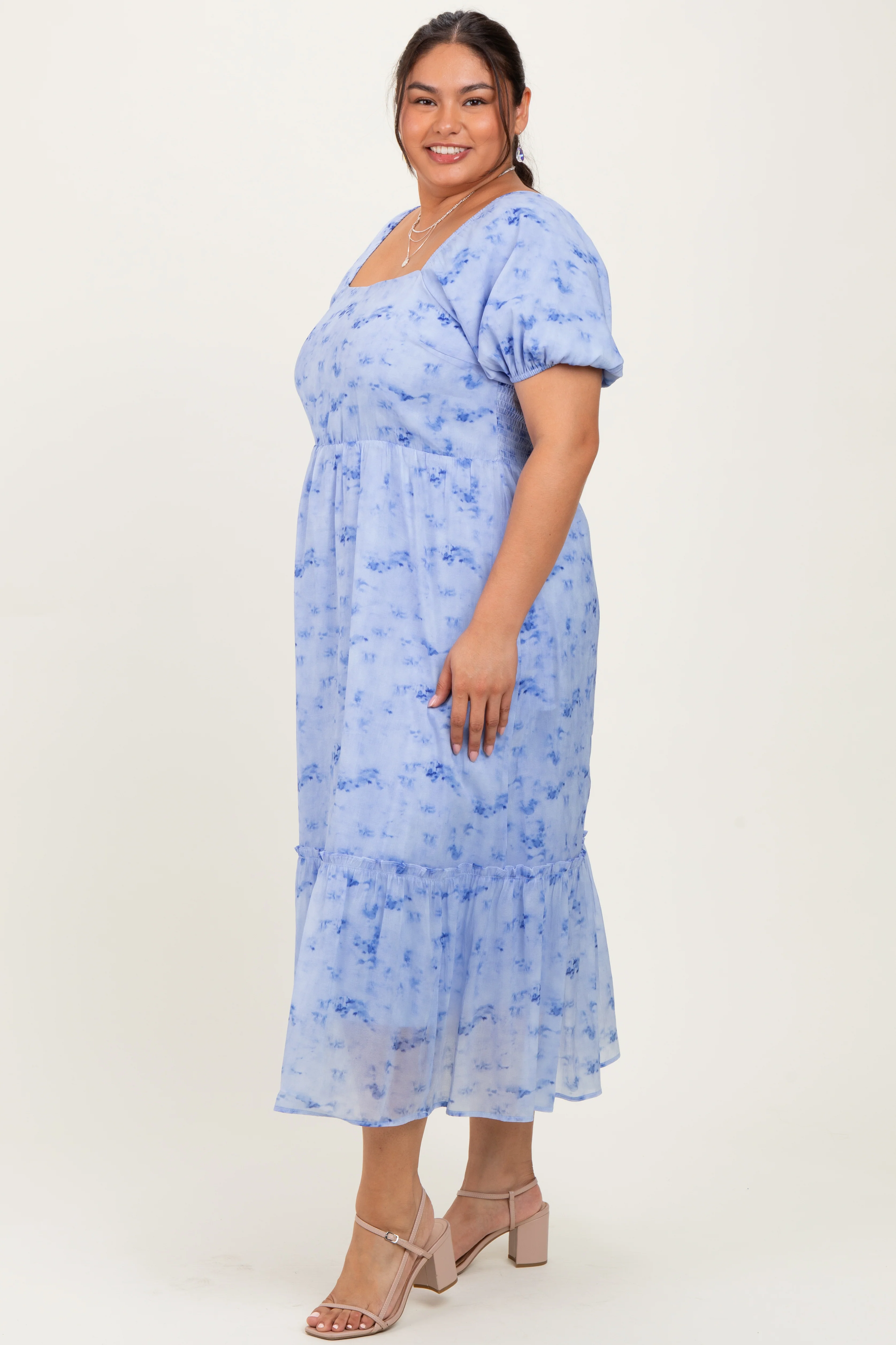 Blue Abstract Puff Sleeve Ruffle Detail Plus Midi Dress - Image 3
