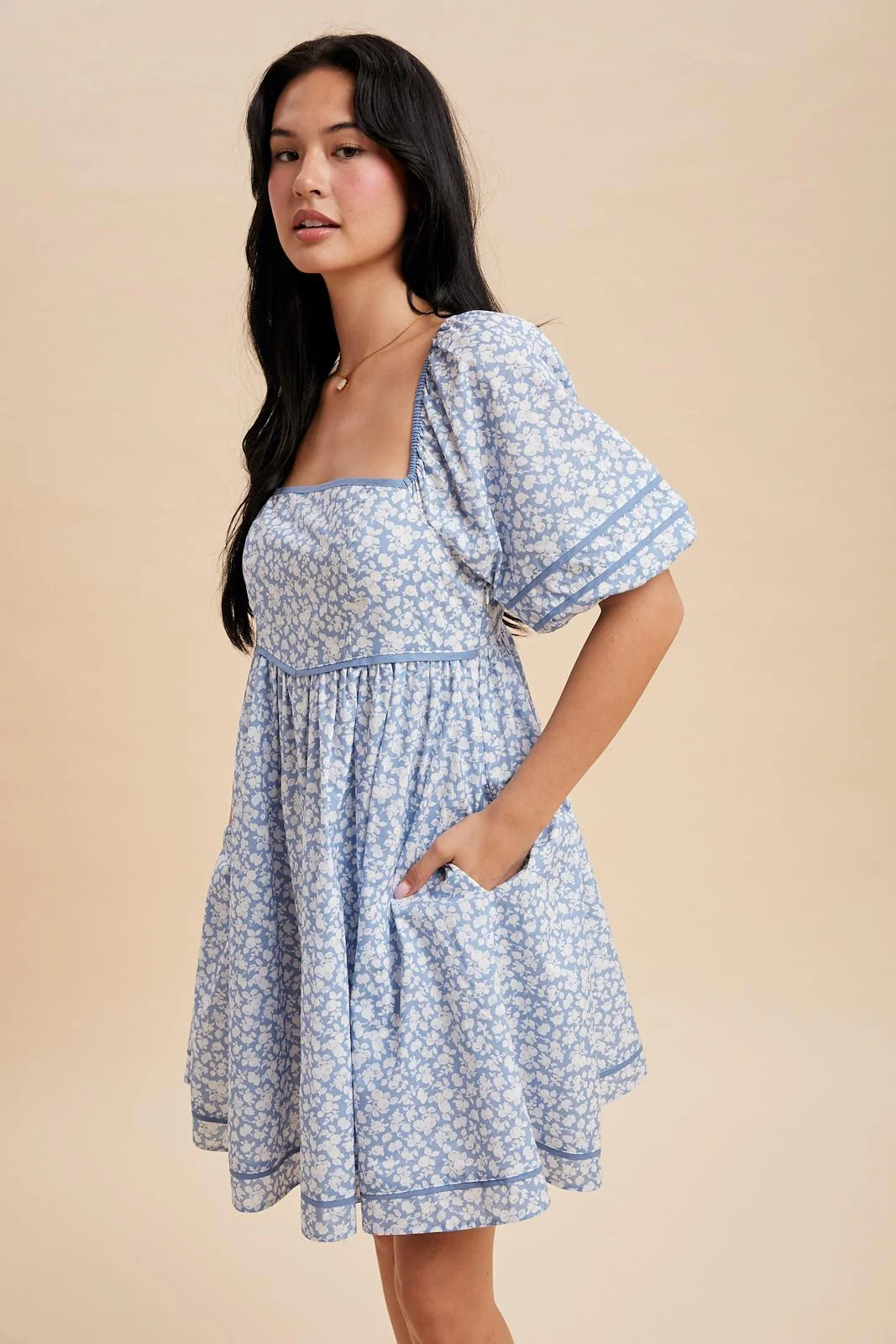Blue Aura Contrast Binded Floral Mini Dress - Image 3