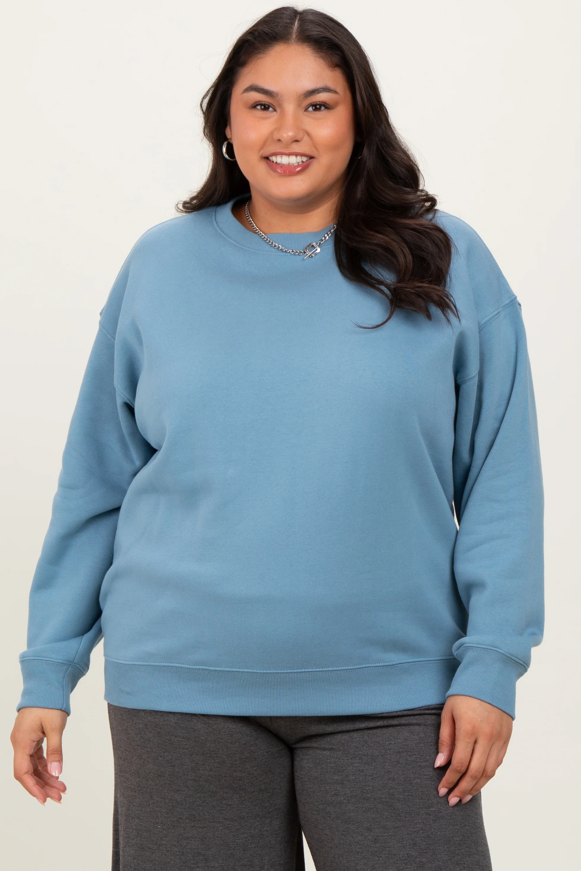 Blue Basic Fleece Crewneck Maternity Sweatshirt - Image 5