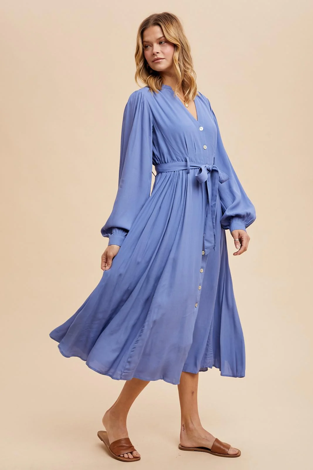 Blue Belted Long Sleeve Maternity Maxi Dress - Image 5