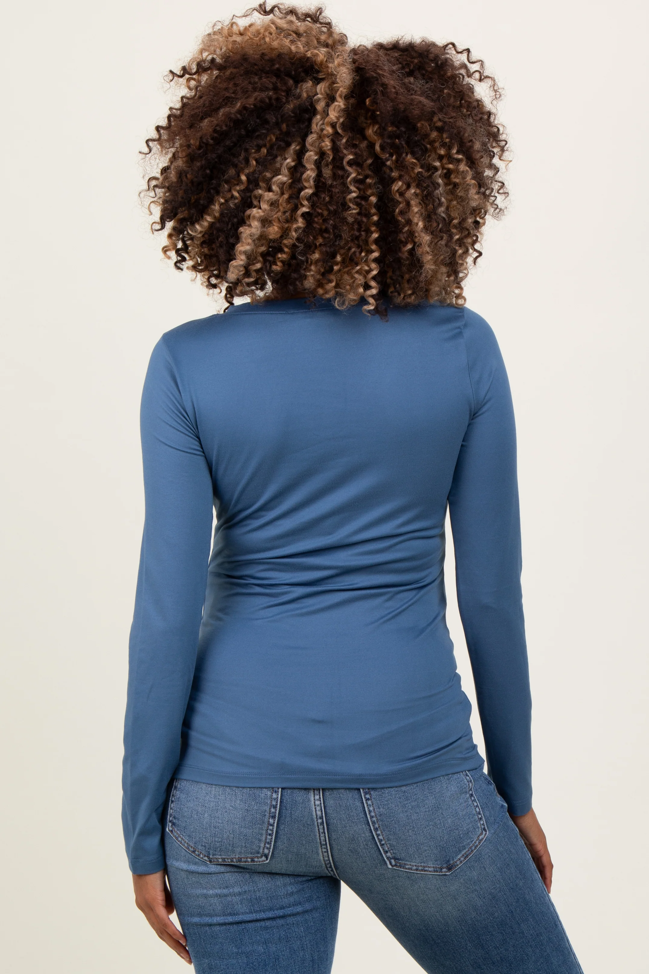 Blue Brushed Knit V-Neck Long Sleeve Maternity Top - Image 3
