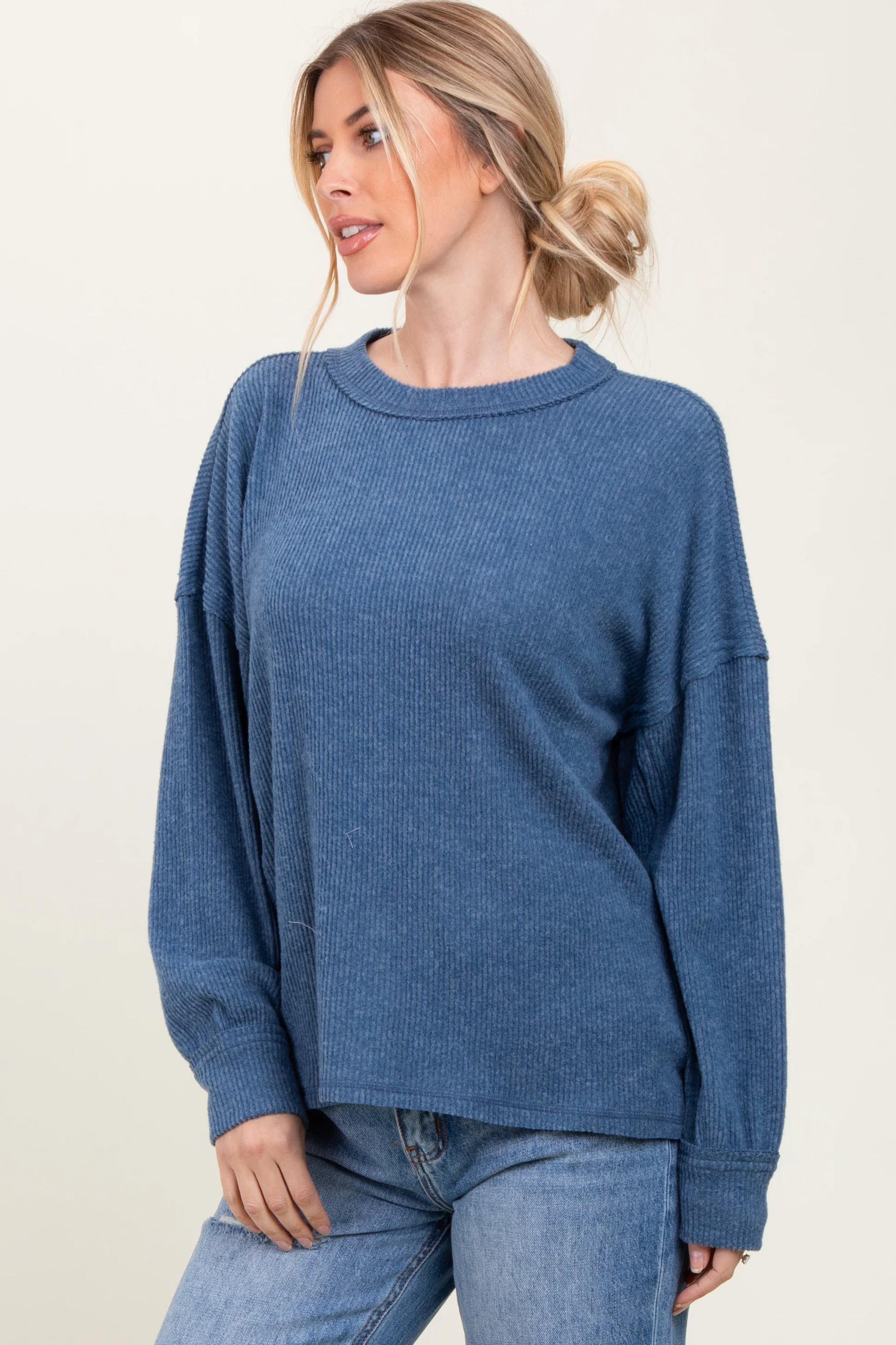 Blue Brushed Ribbed Knit Maternity Pullover - Image 5