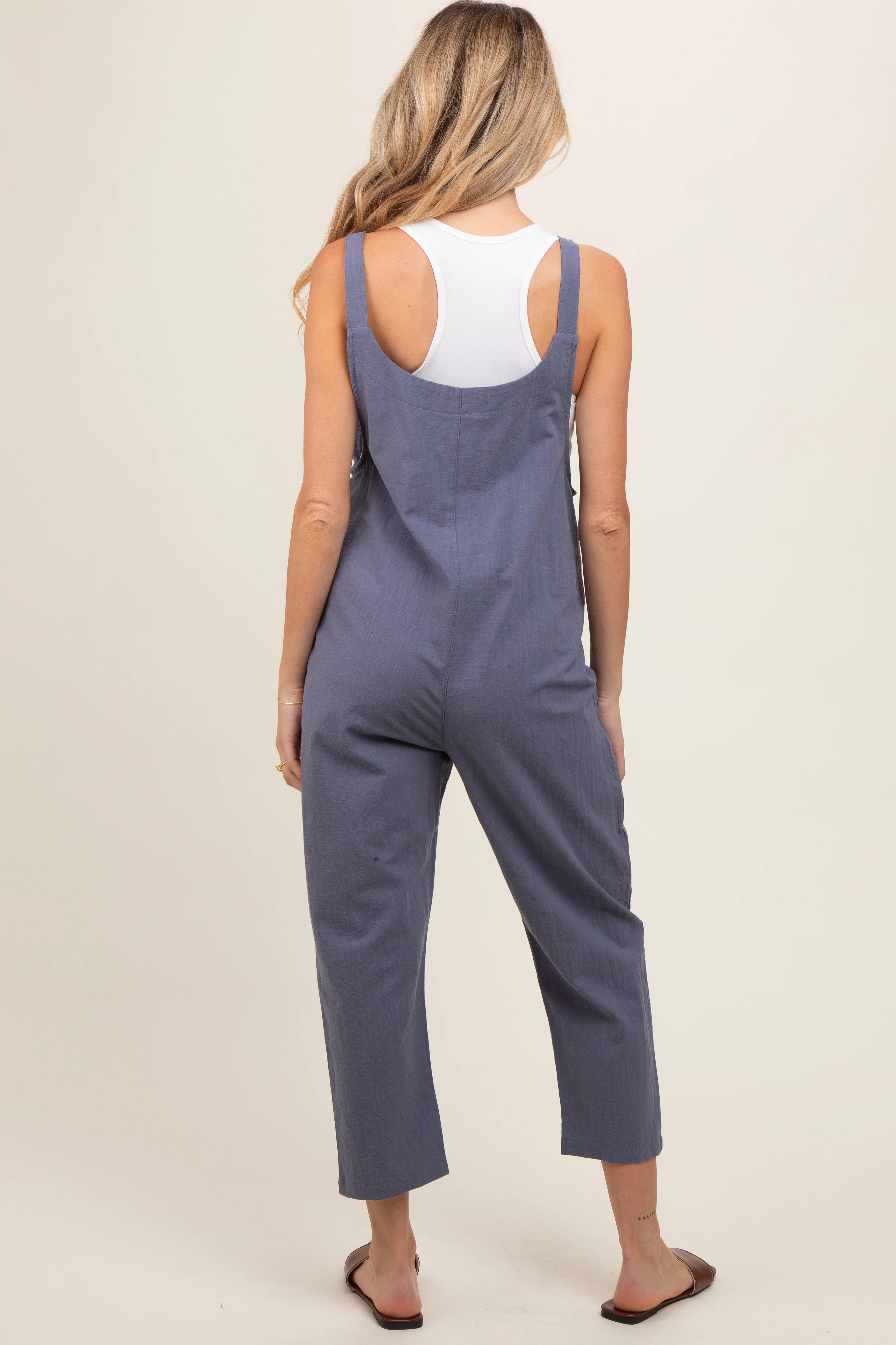 Blue Button Down Maternity Cropped Jumpsuit - Image 4