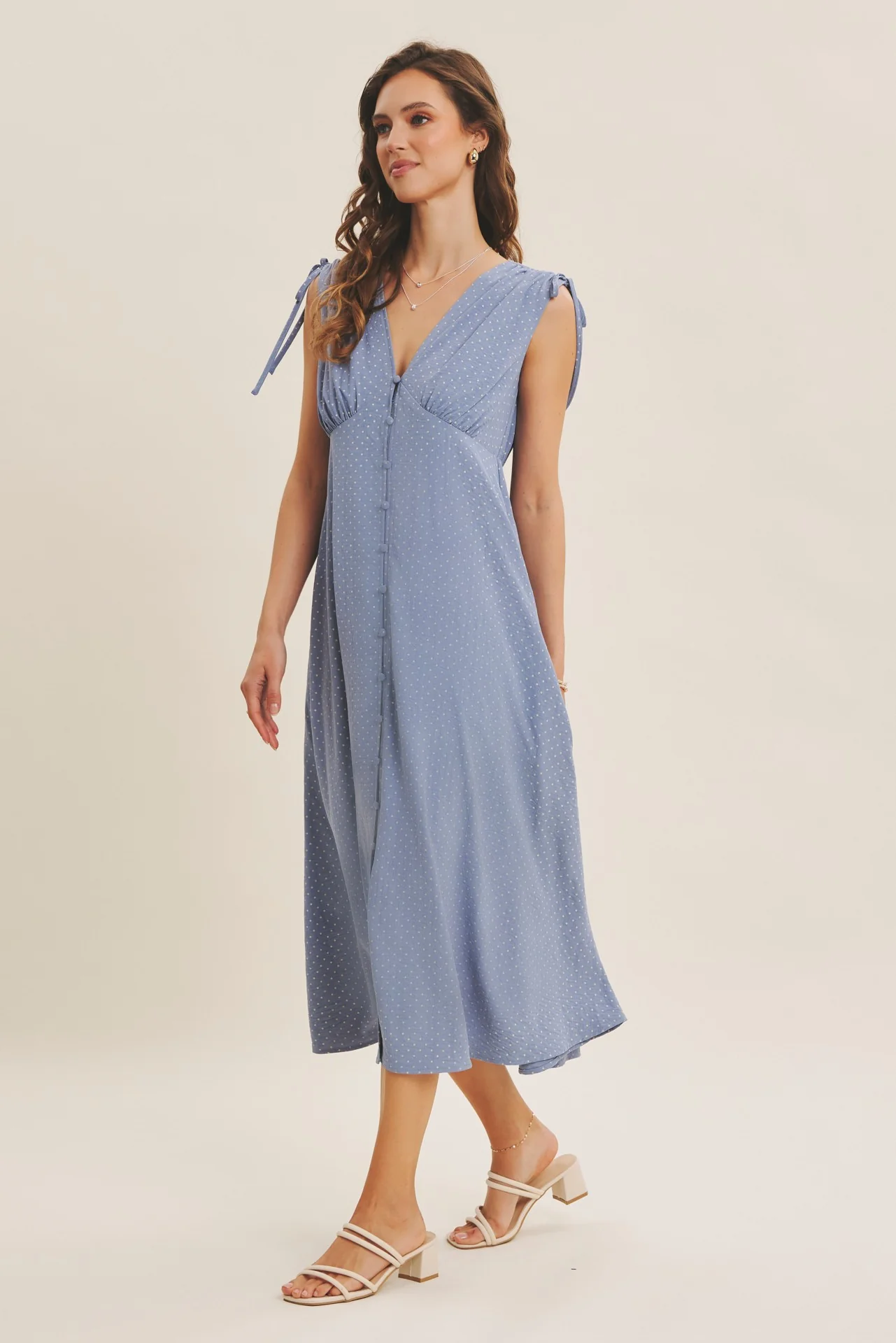 Blue Button-Down Polka Dot Shirred Bow Maternity Midi Dress - Image 5