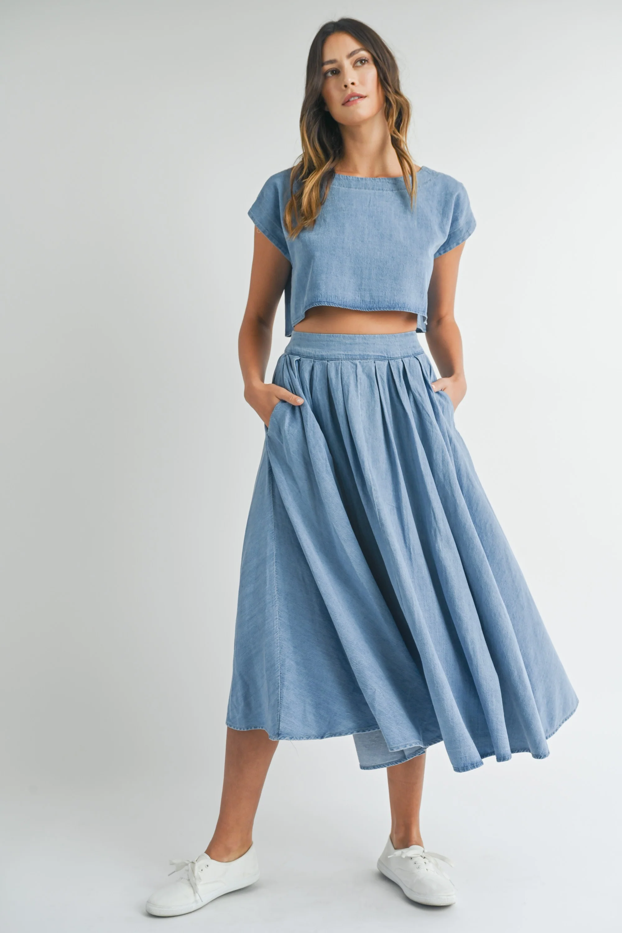 Blue Chambray Crop Top and Skirt Maternity Set - Image 3