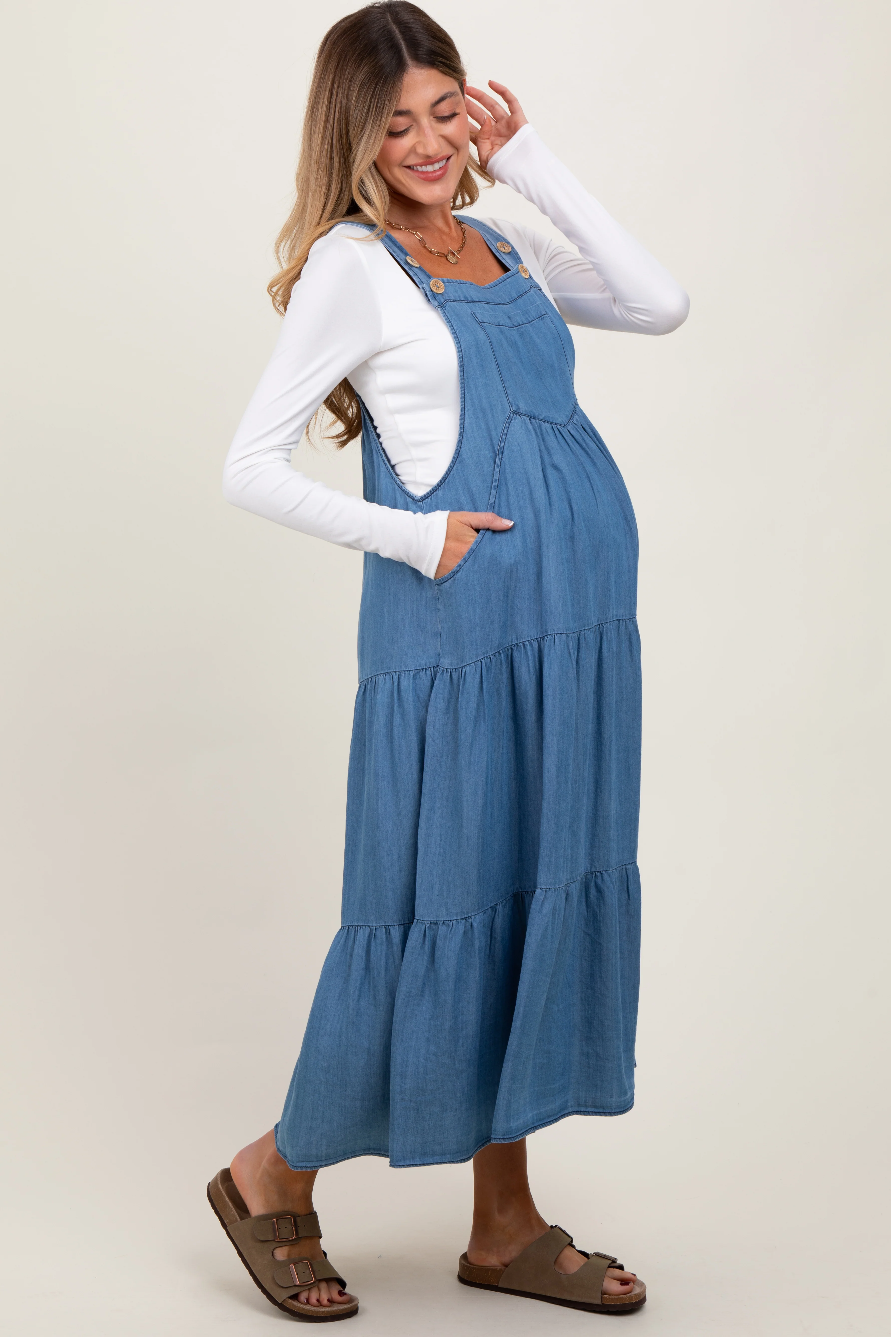 Blue Chambray Overall Tiered Maternity Midi Dress - Image 3