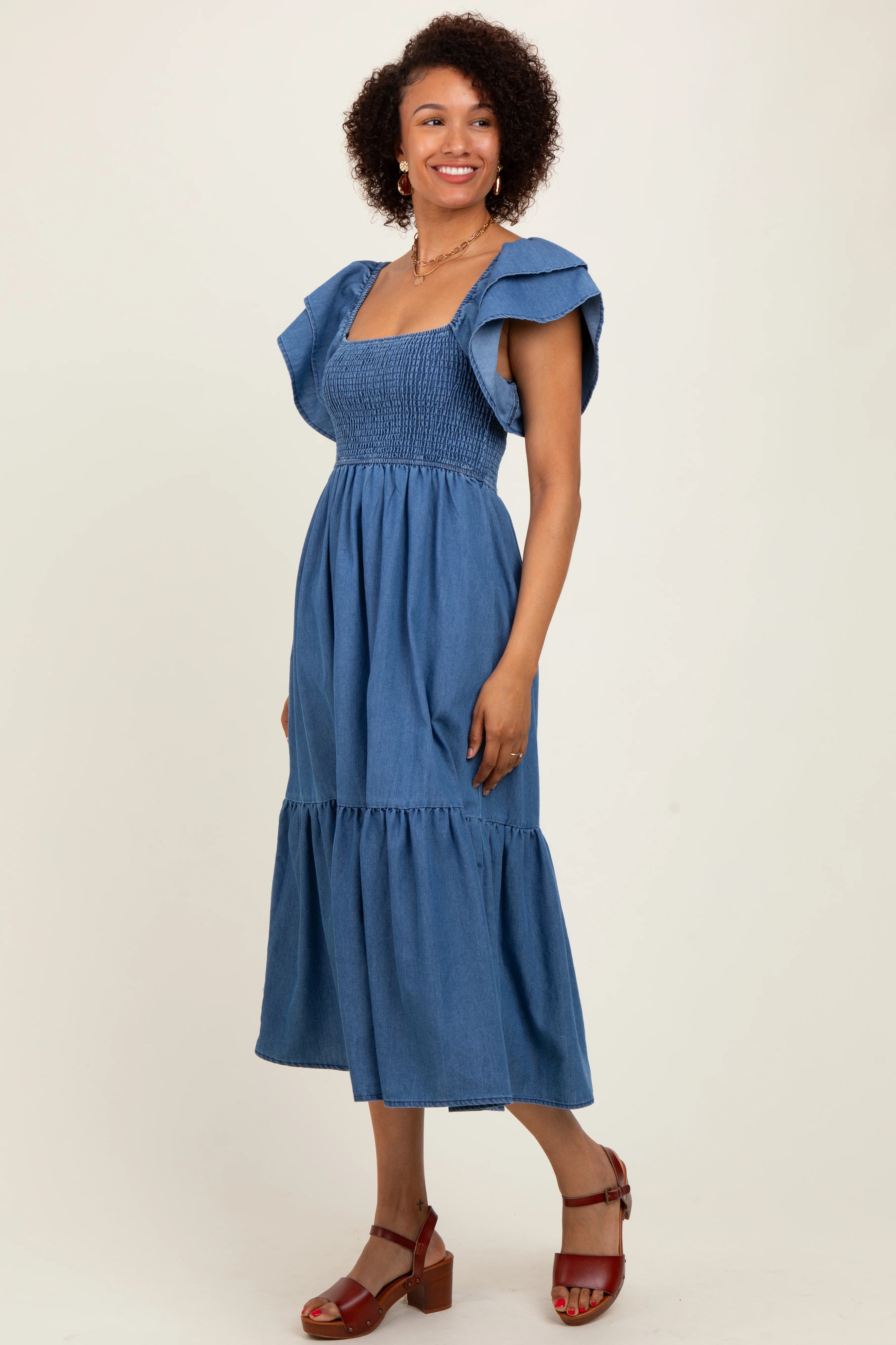 Blue Chambray Smocked Flutter Sleeve Dress - Image 3