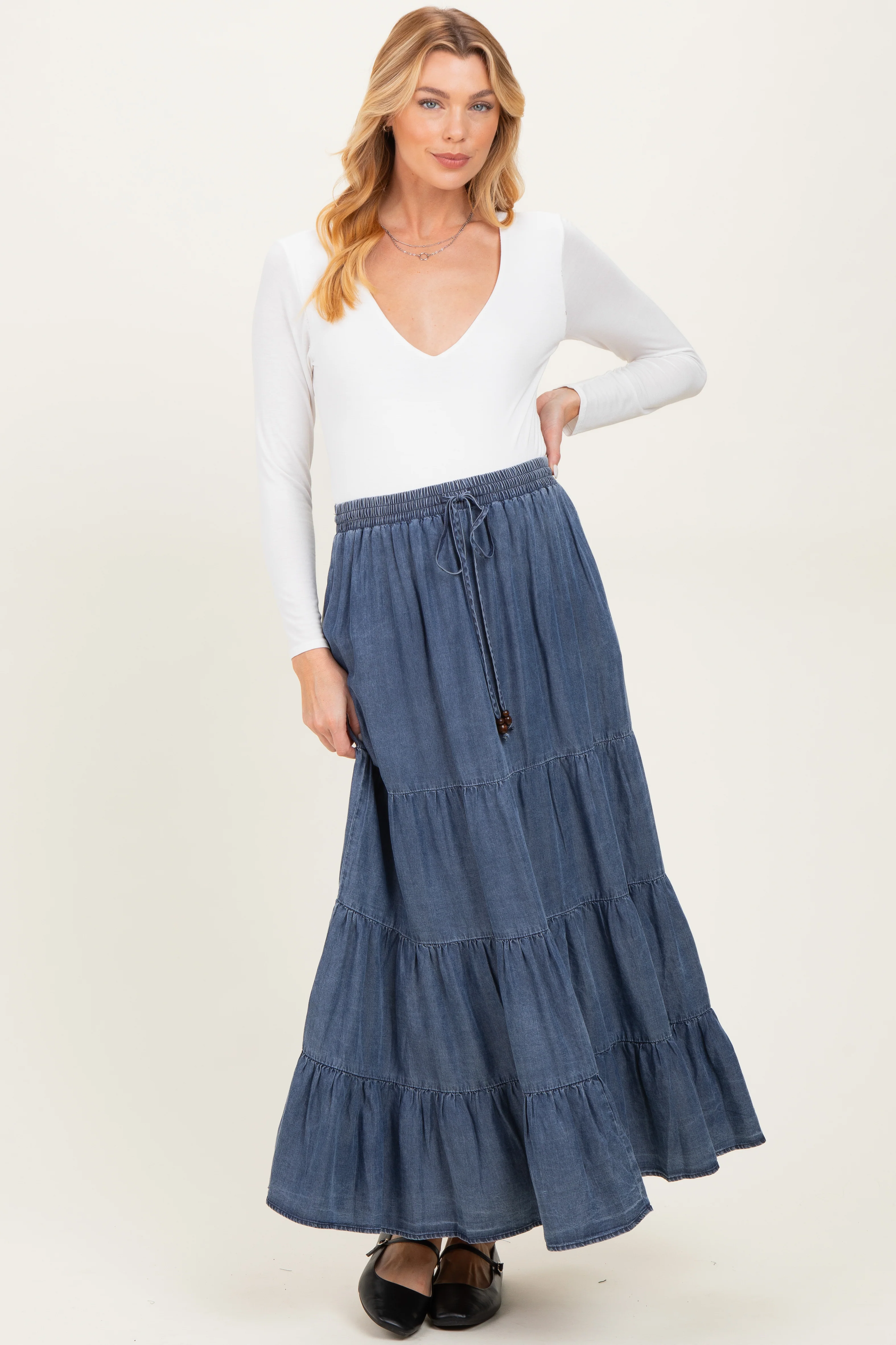Blue Chambray Tiered Maternity Maxi Skirt - Image 3
