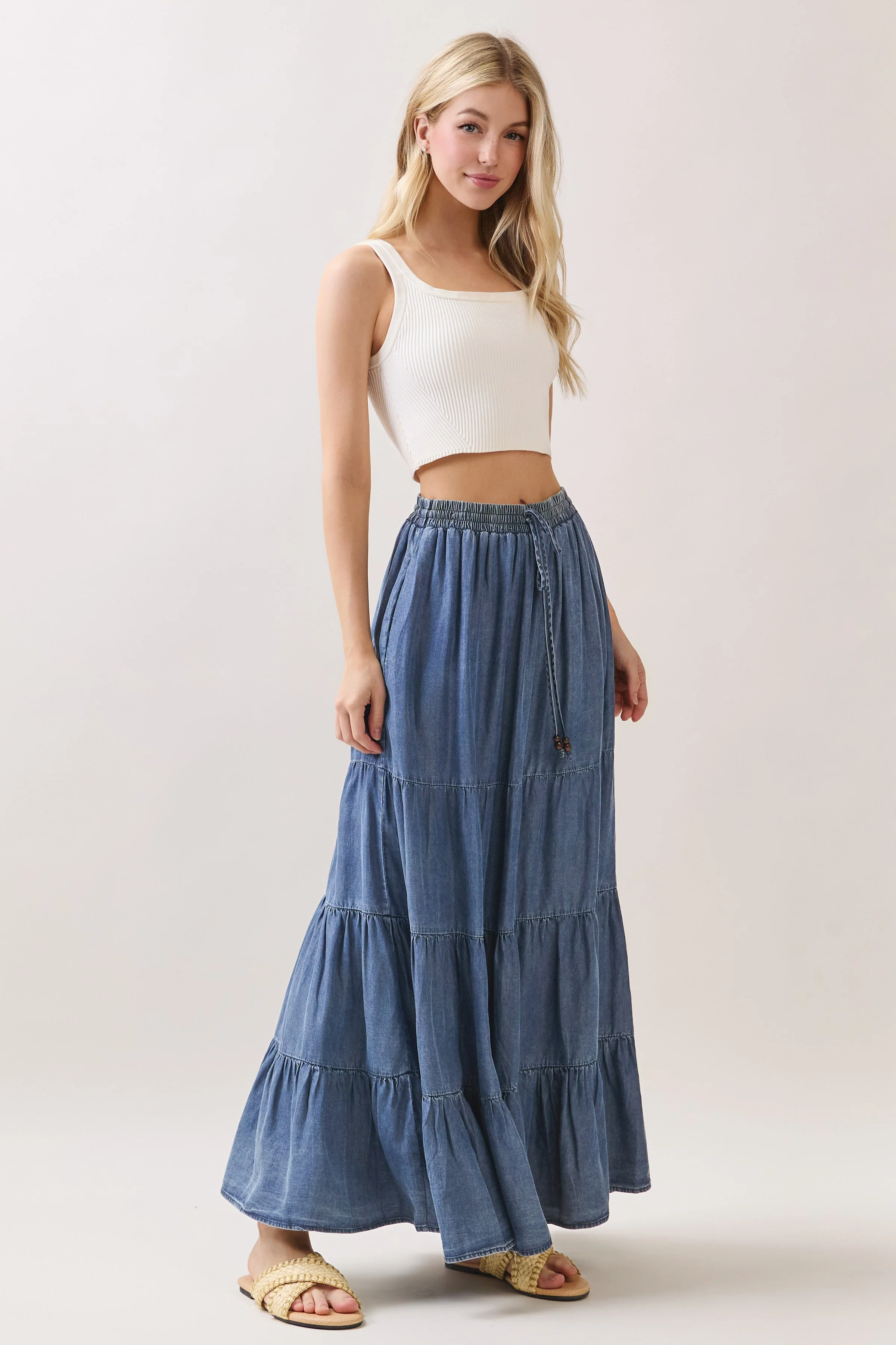 Blue Chambray Tiered Maxi Skirt - Image 4
