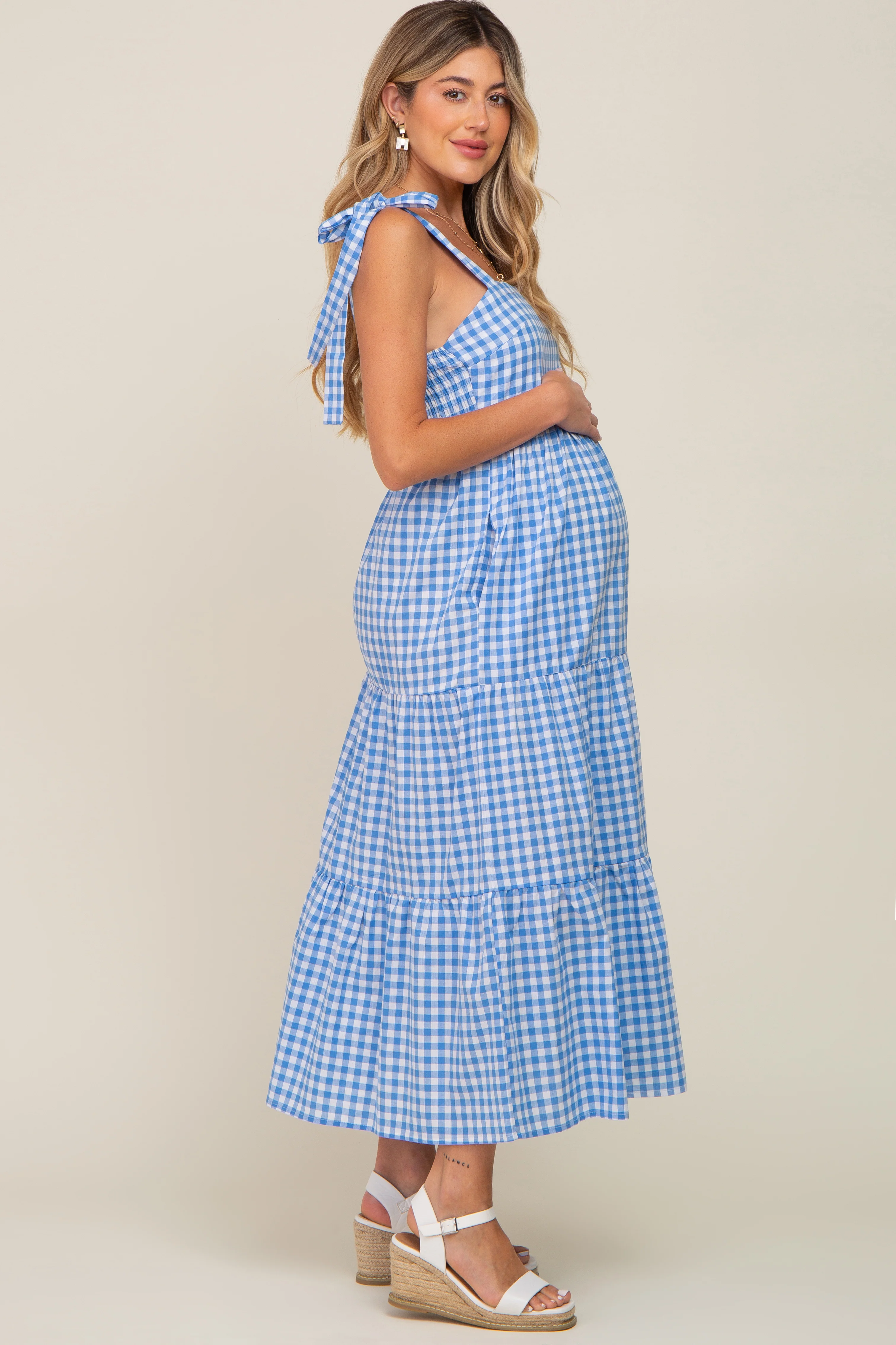 Blue Checkered Sleeveless Tiered Maternity Maxi Dress - Image 3