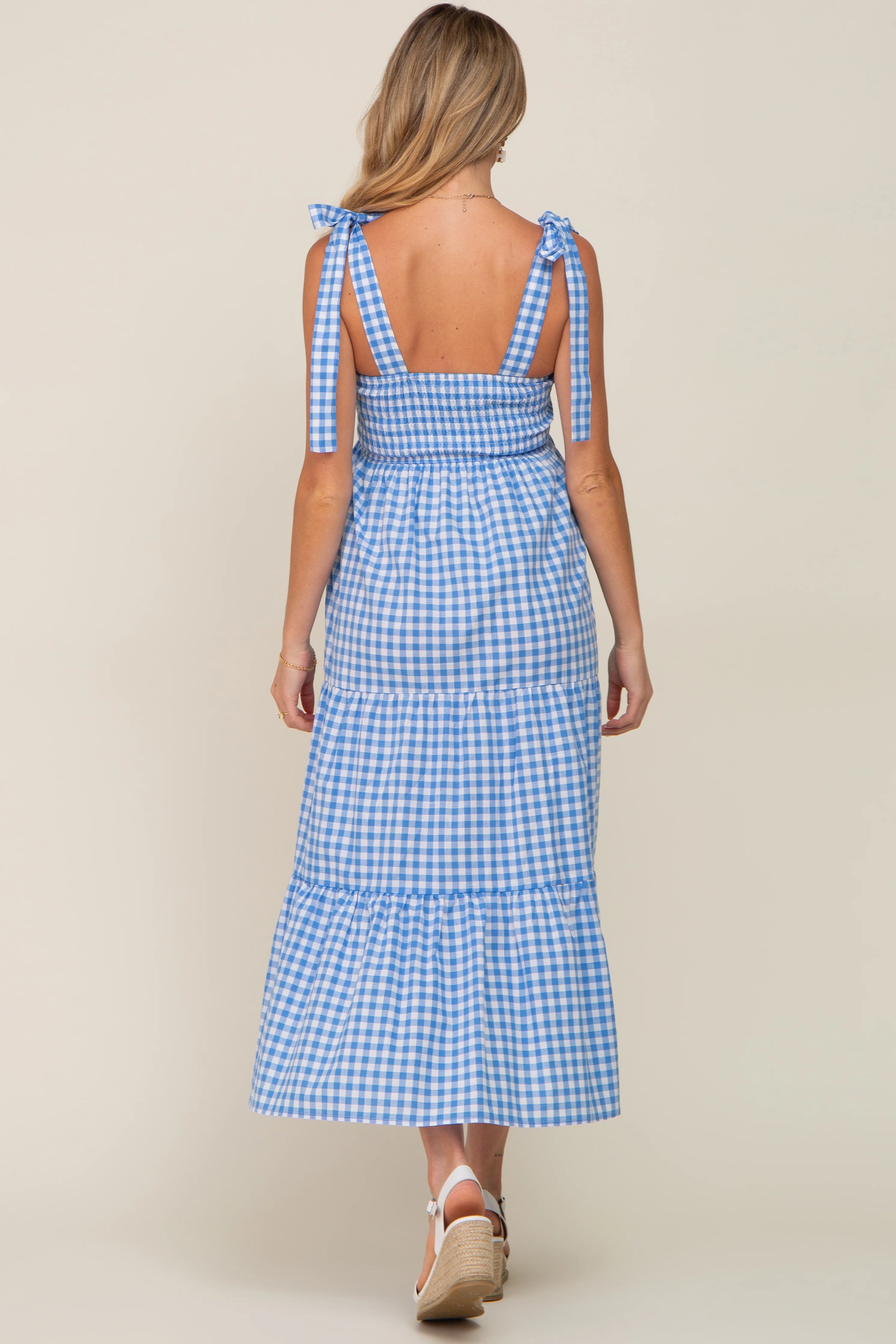 Blue Checkered Sleeveless Tiered Maternity Maxi Dress - Image 4