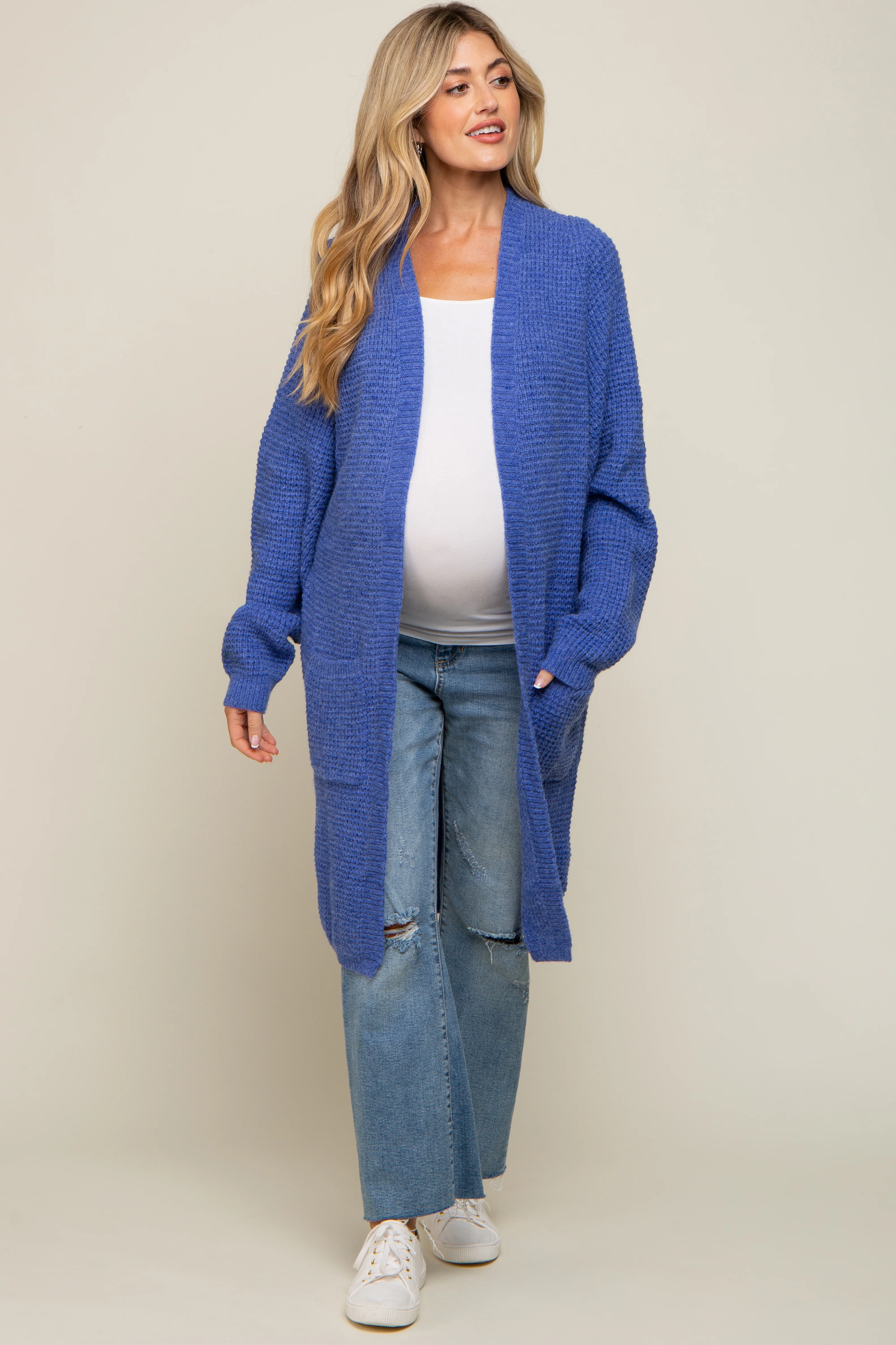 Blue Chunky Waffle Knit Maternity Cardigan - Image 4