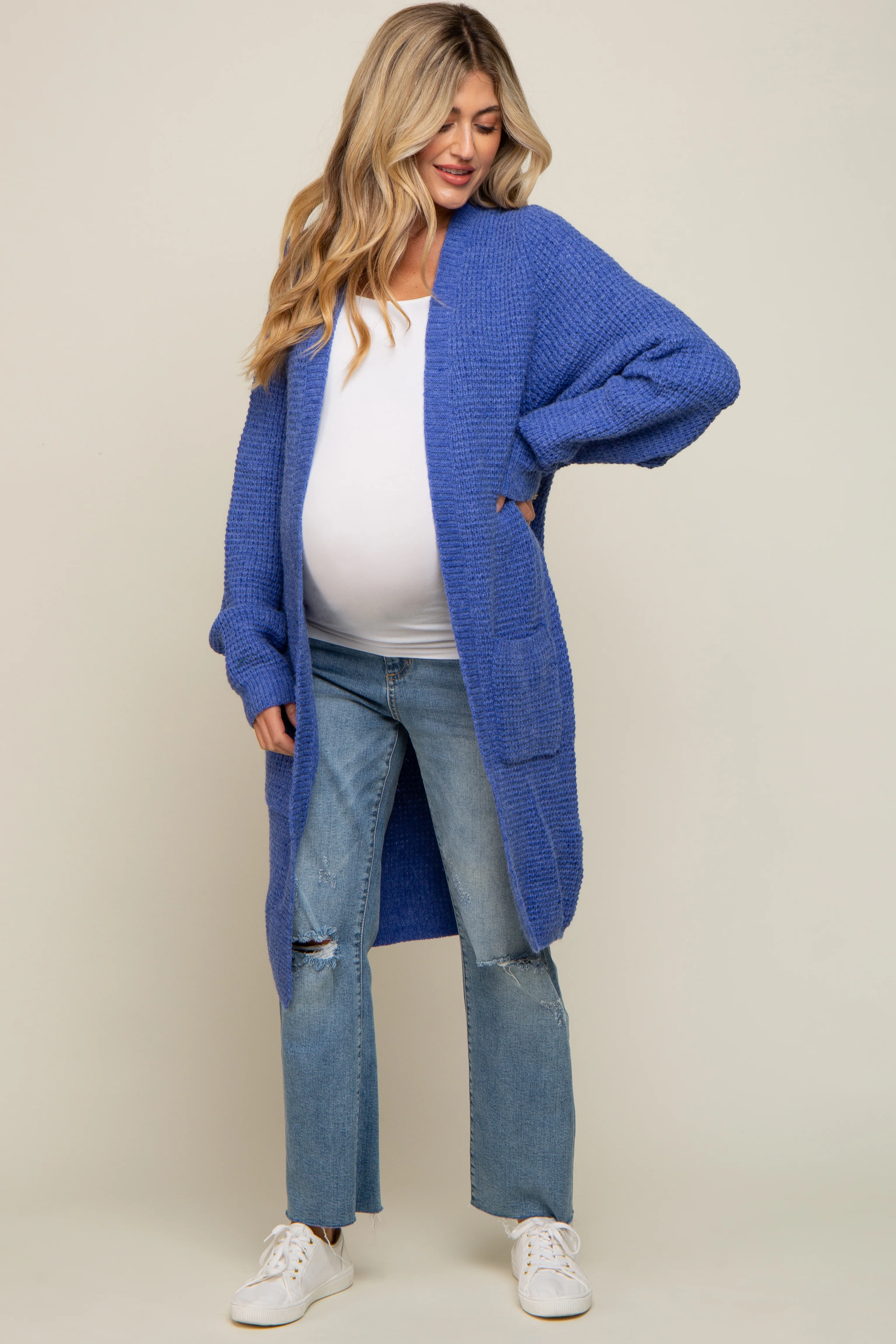 Blue Chunky Waffle Knit Maternity Cardigan - Image 5