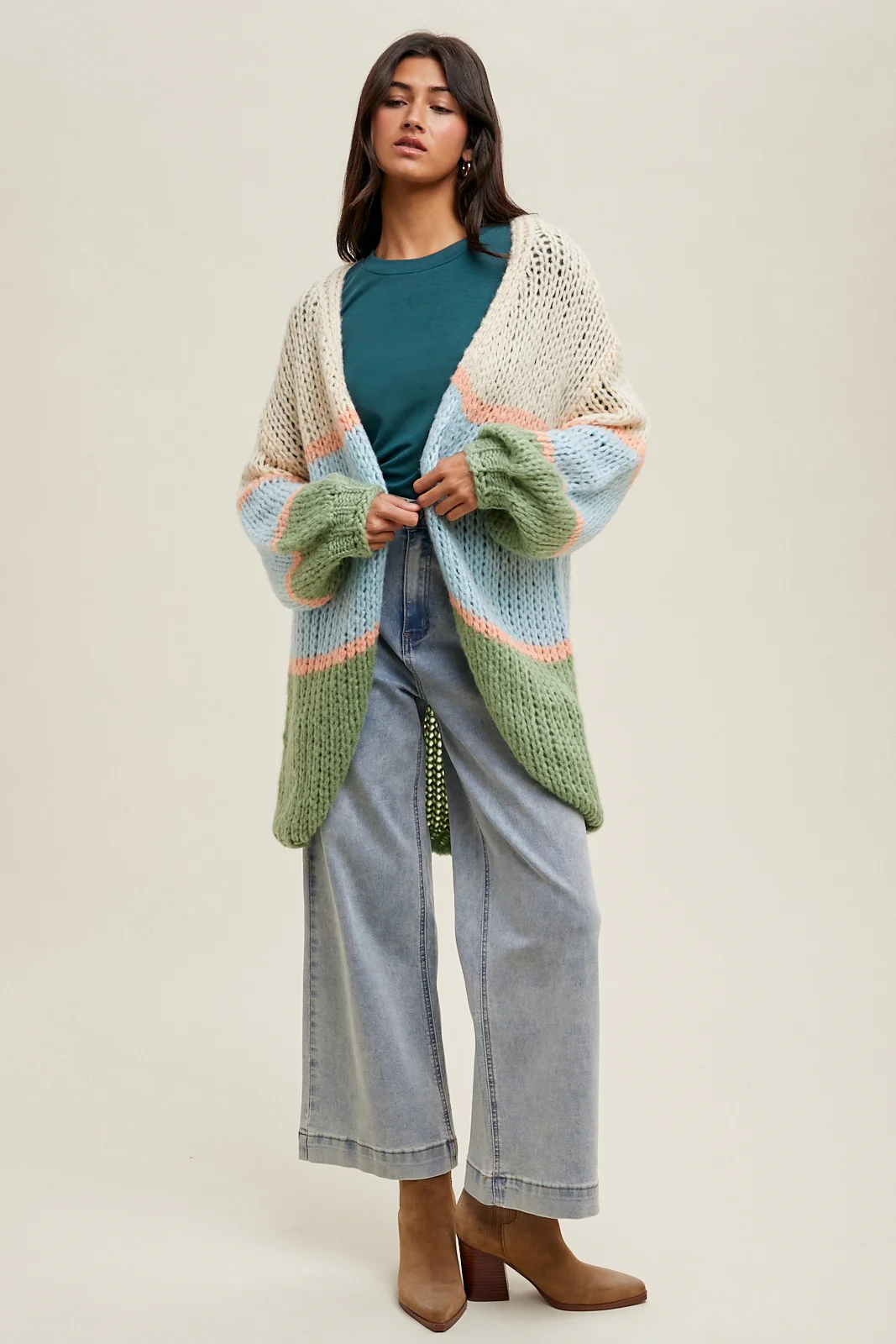 Blue Colorblock Open Knit Cardigan - Image 4