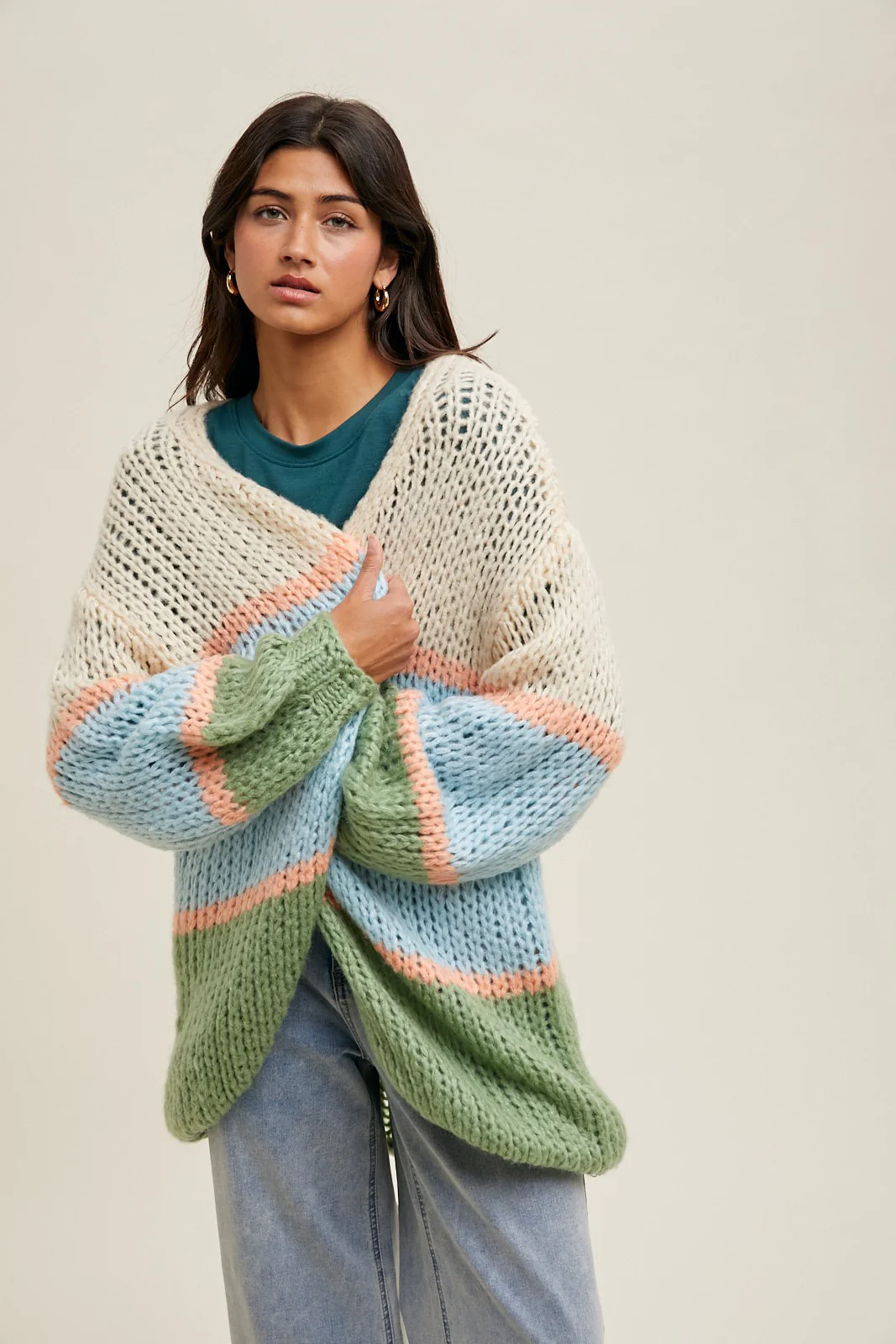 Blue Colorblock Open Knit Maternity Cardigan - Image 5