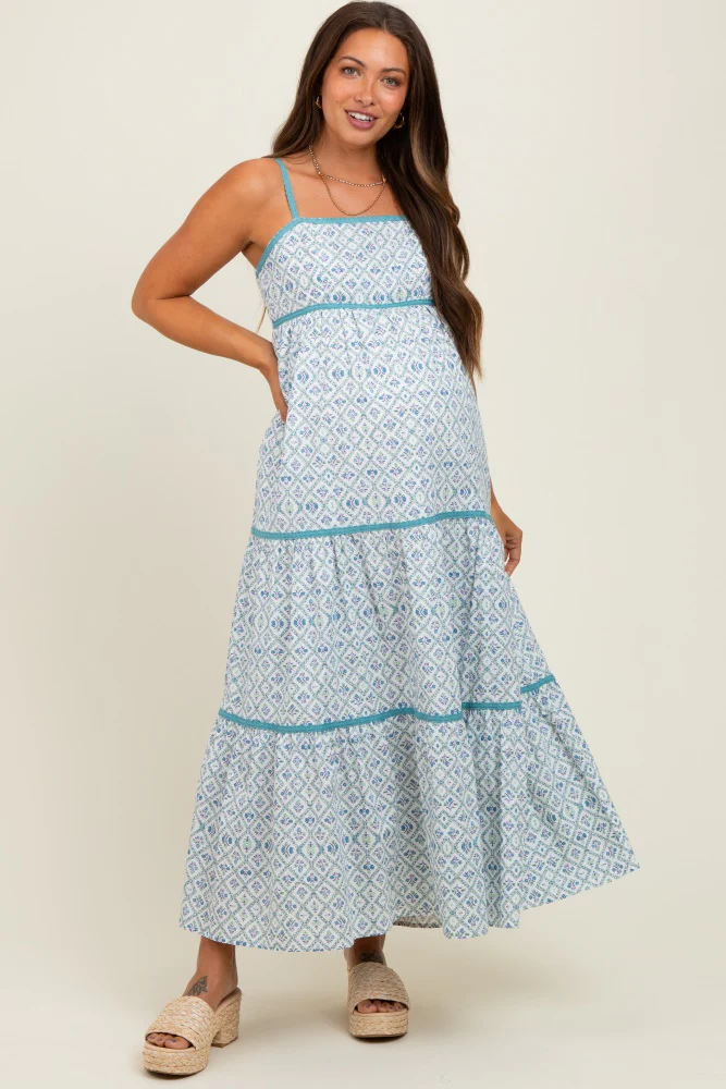 Blue Cotton Floral Maternity Maxi Dress - Image 2