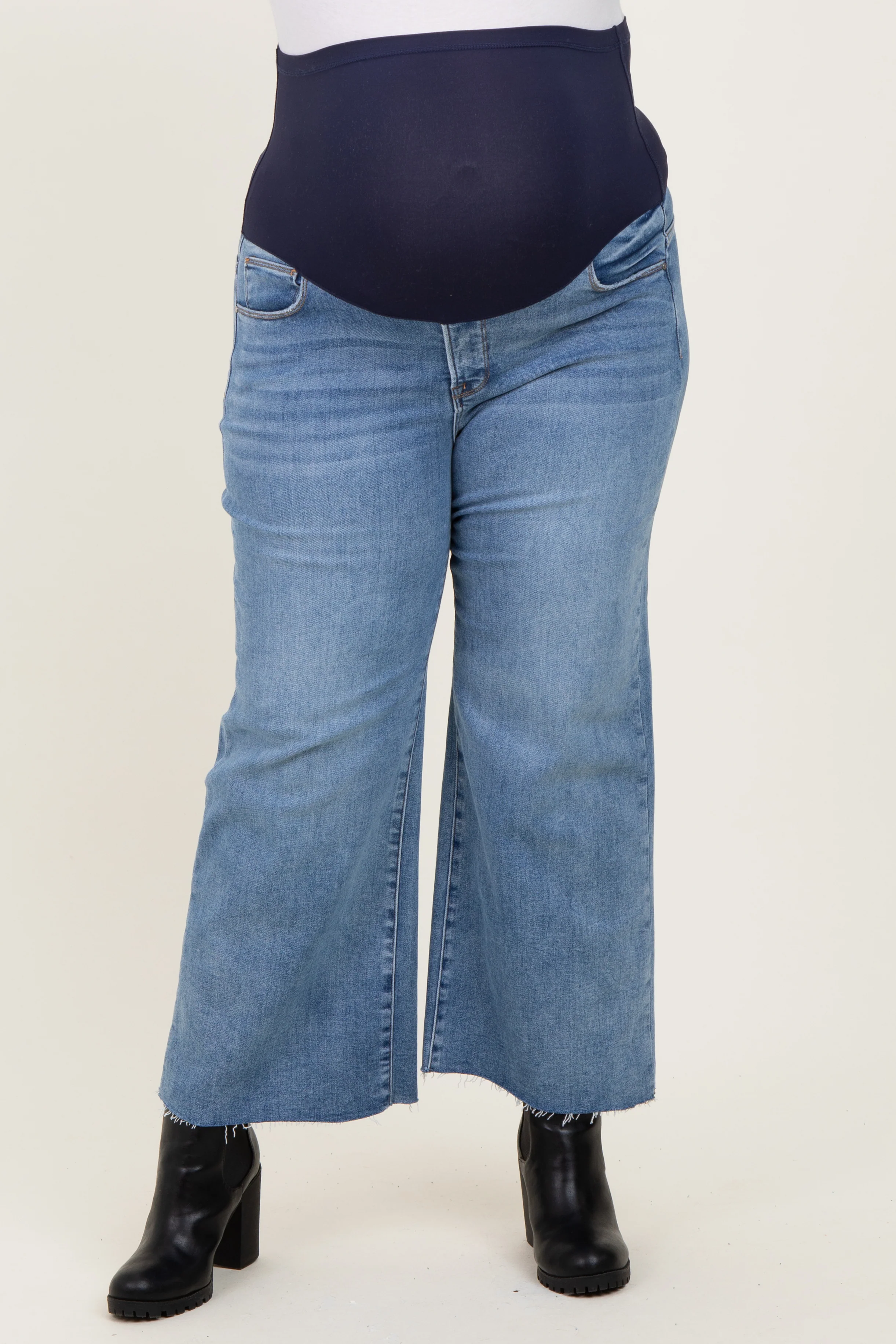 Blue Cut Hem Cropped Wide Leg Maternity Jeans - Image 3