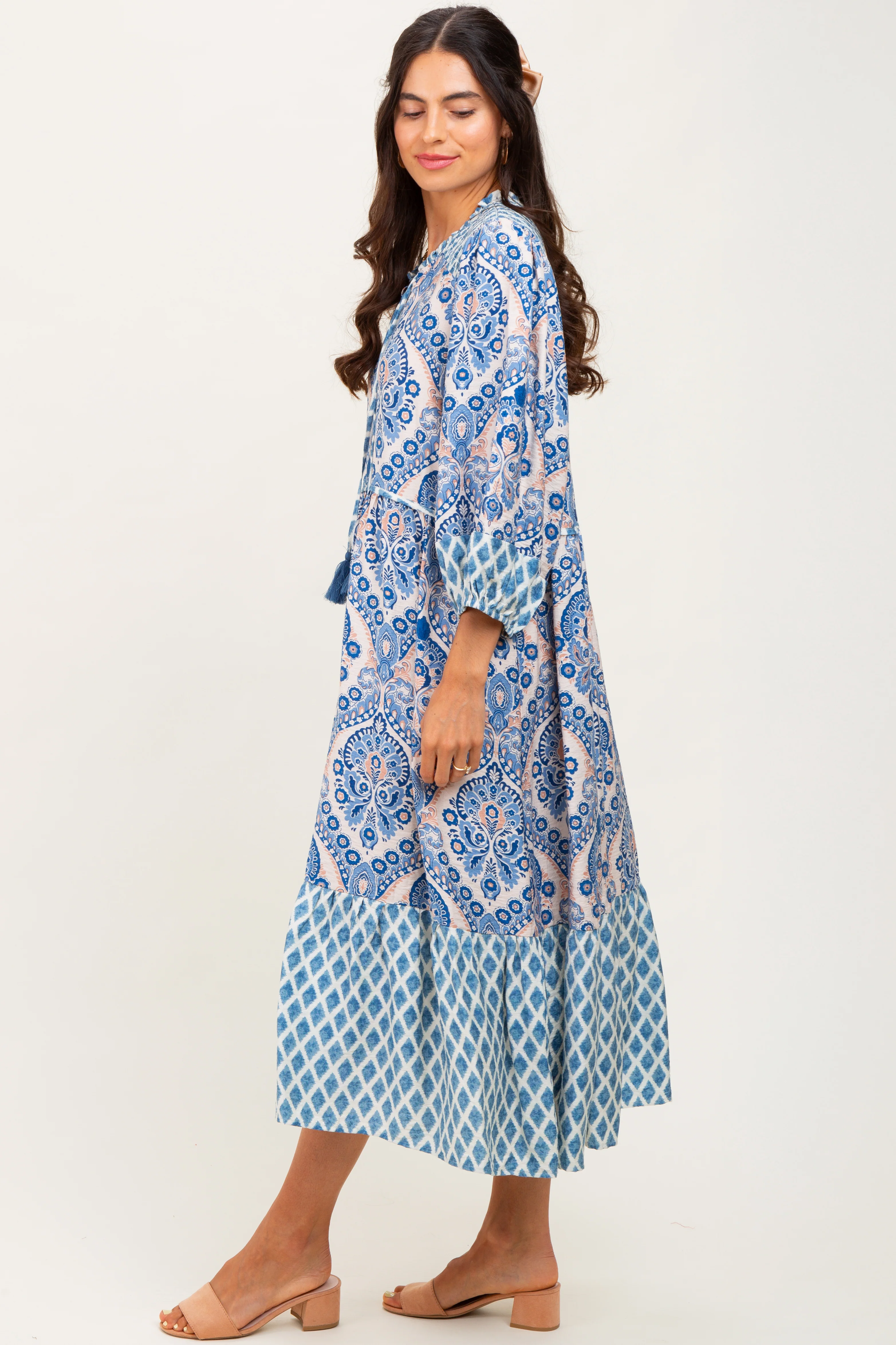 Blue Damask Tassel Front Tie 3/4 Sleeve Midi Dress - Image 2