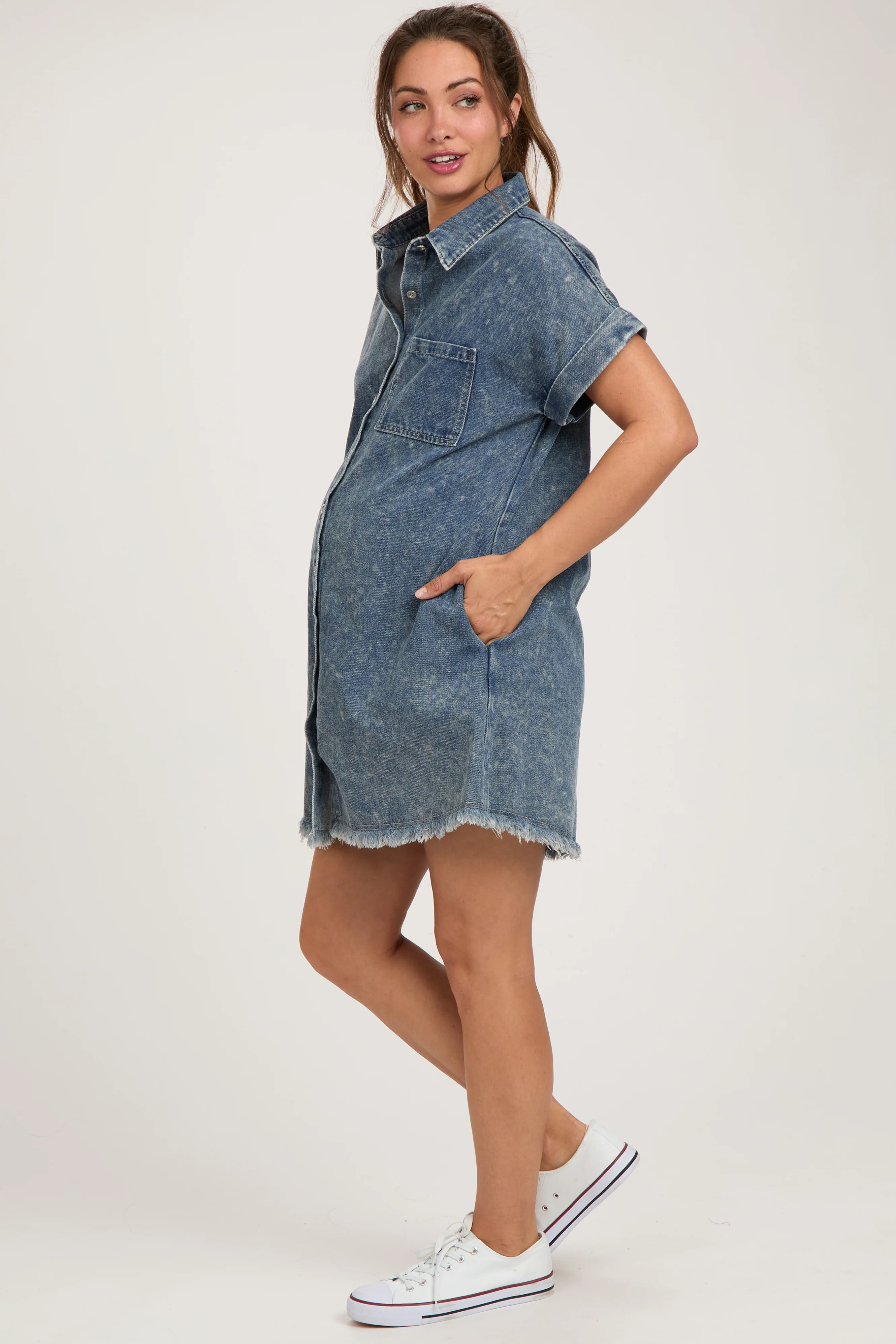 Blue Denim Button Up Maternity Dress - Image 3