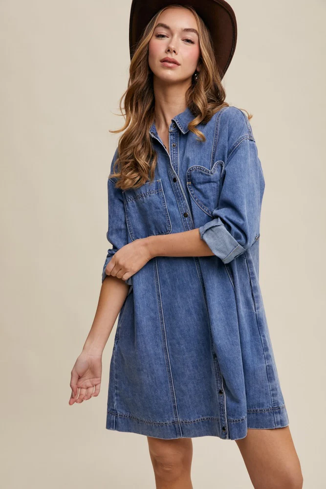 Blue Denim Heart-Pocket Shirt Dress - Image 4