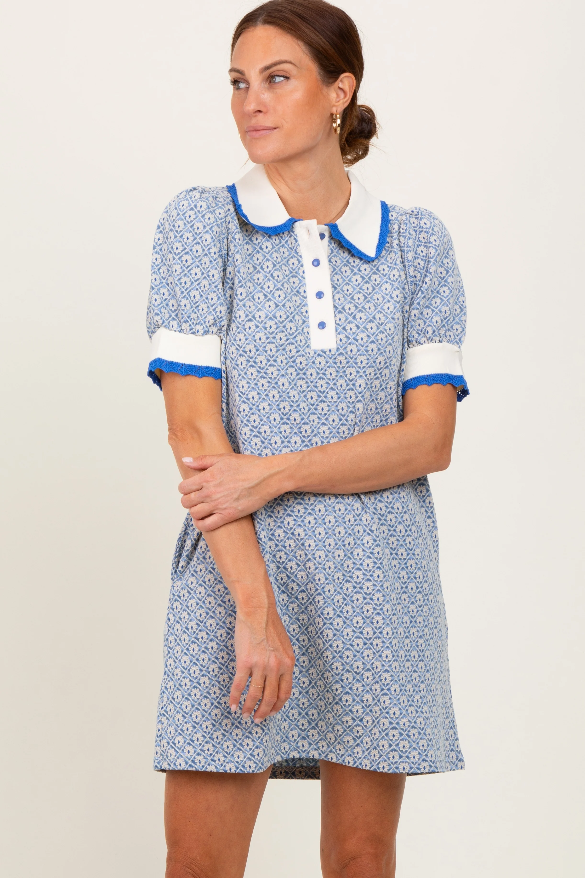 Blue Diamond Print Crochet Trim Maternity Polo Dress - Image 5