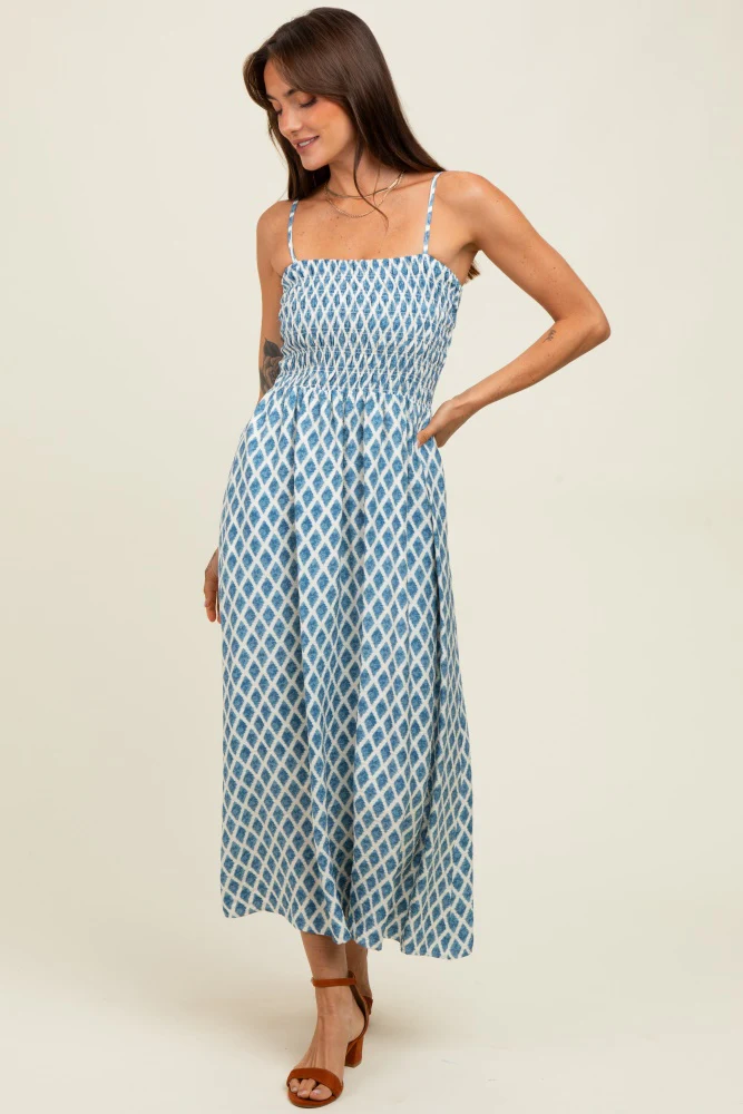 Blue Diamond Print Smocked Maternity Midi Dress - Image 4